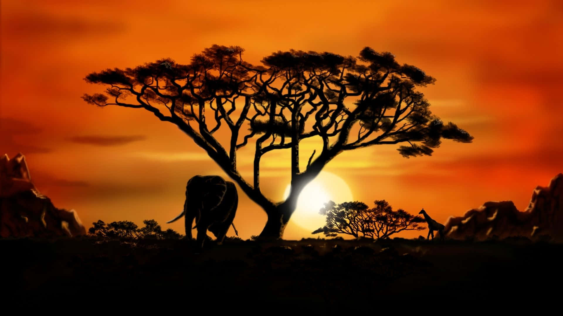 African Landscapes, silhouetted elephant, silhouetted giraffe, Full HD Desktop Wallpaper
