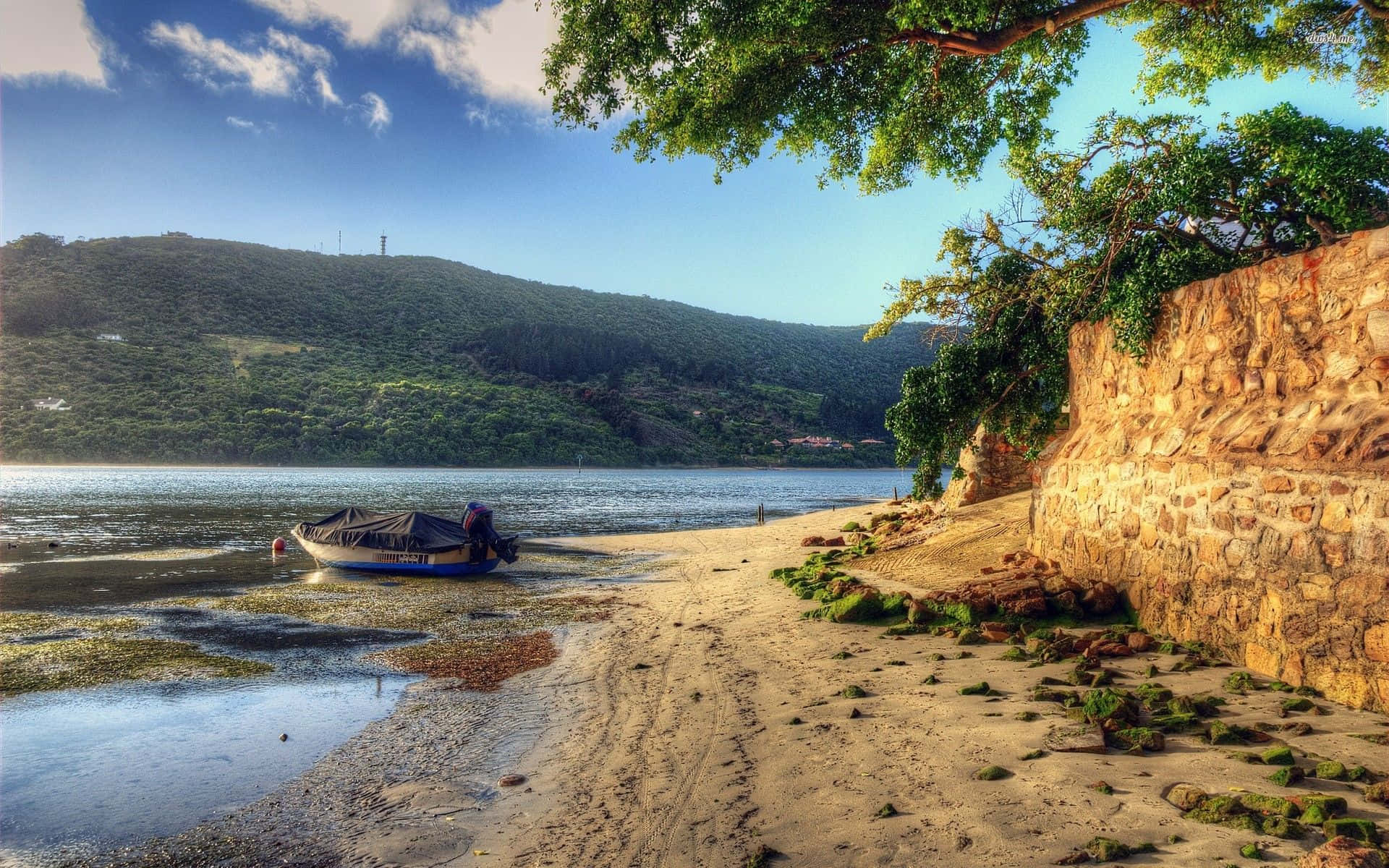 African landscapes, sunlit sandy shore, mossy stone wall, Full HD Desktop Wallpaper