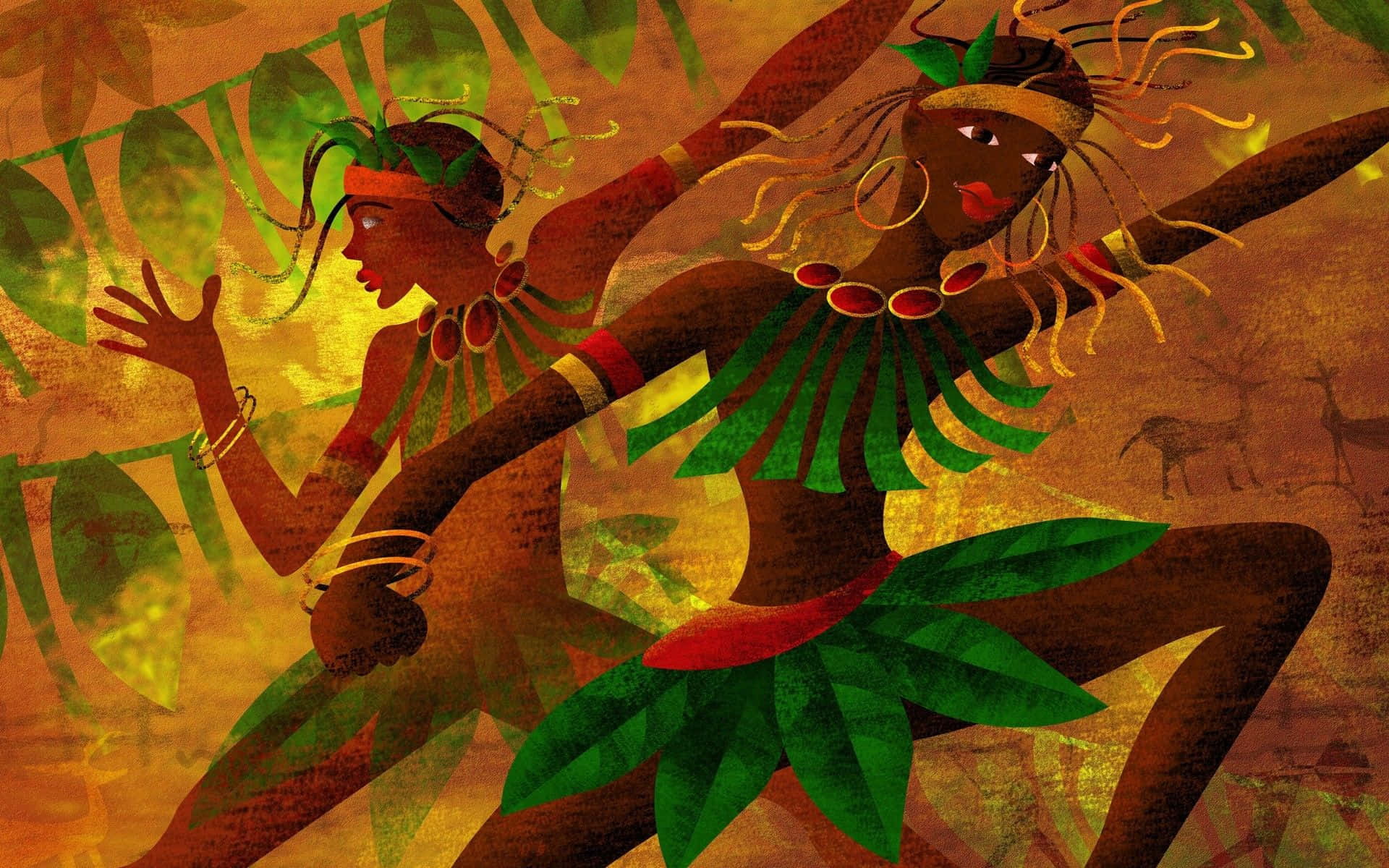 African Landscape, vibrant green, gold leaf attire, Full HD Desktop Wallpaper