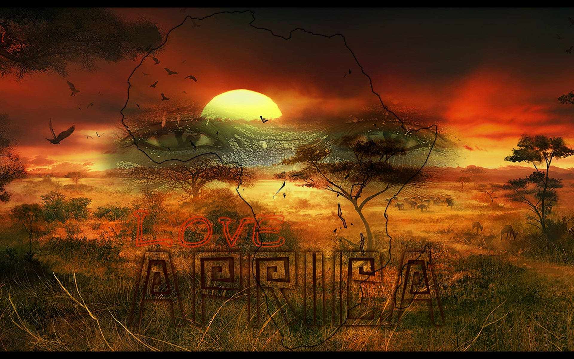 African savanna, sunset, glowing sun, Full HD Desktop Wallpaper
