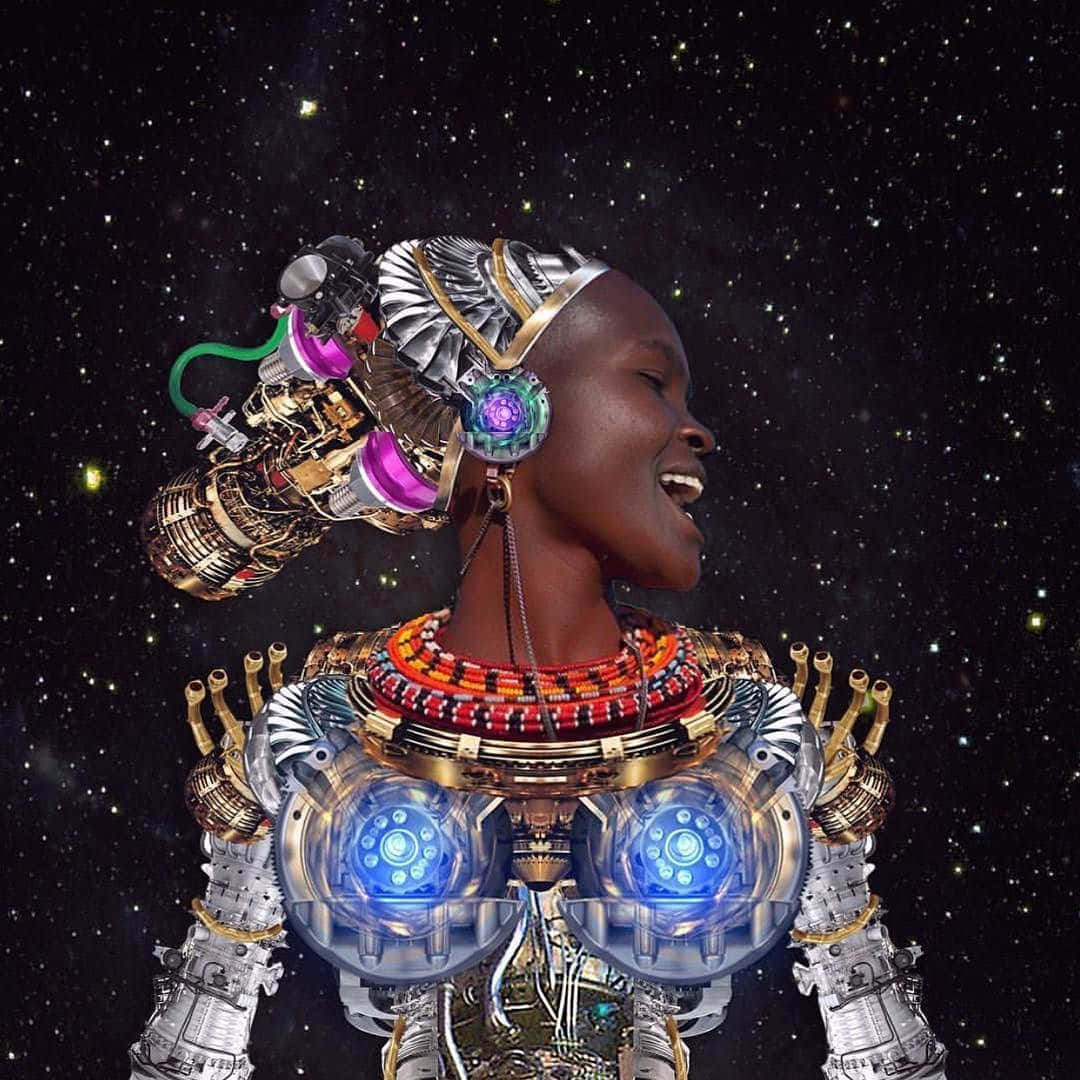 Afrofuturism, cybernetic enhancements, traditional beaded necklaces, SD Desktop Wallpaper