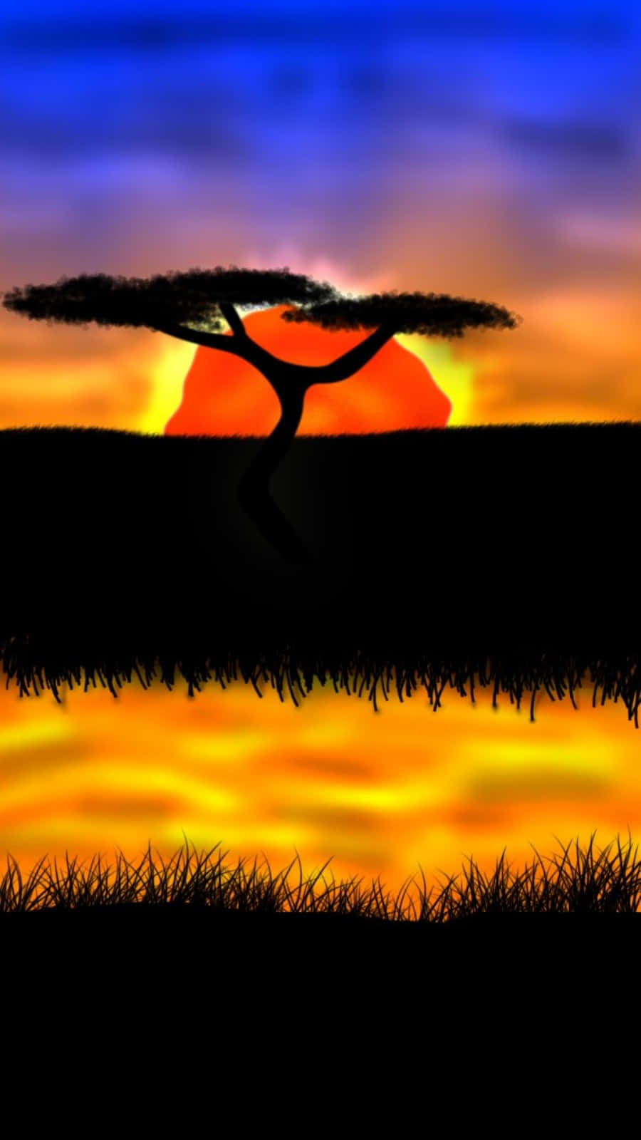 acacia tree, vibrant sunset sky, orange sun, HD Phone Wallpaper