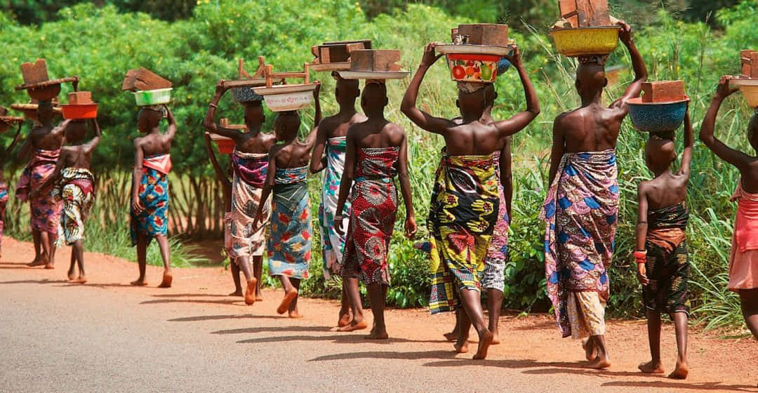 African culture, vibrant patterned wraps, dirt road, SD Desktop Wallpaper