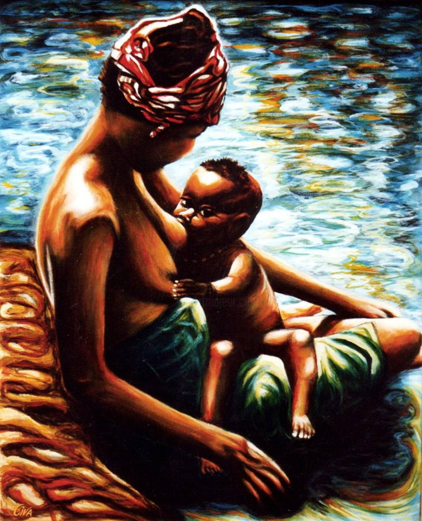 African Mother And Baby By The River, red headwrap, ripling water, HD Phone Wallpaper
