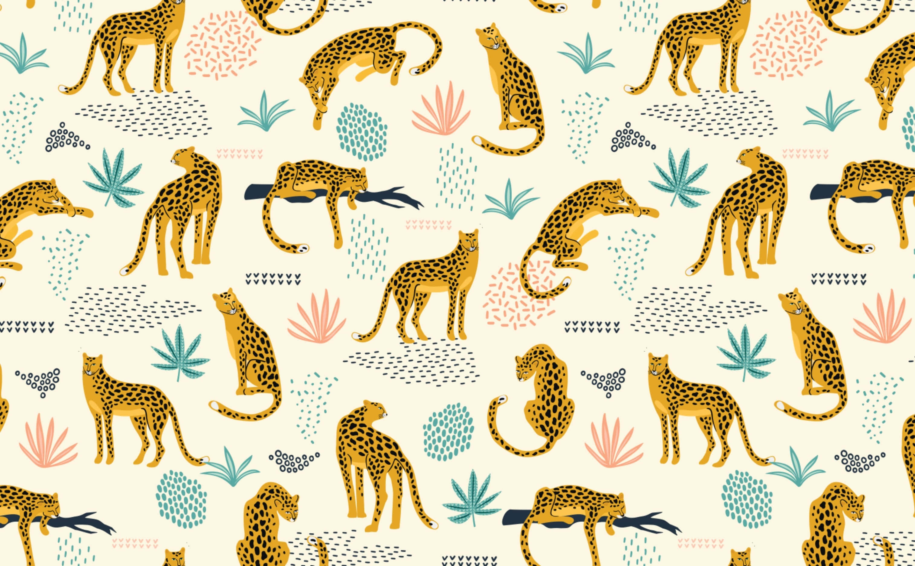 African cheetahs pattern fabric design, vibrant yellow cheetahs, colorful abstract foliage, 2K Desktop Wallpaper