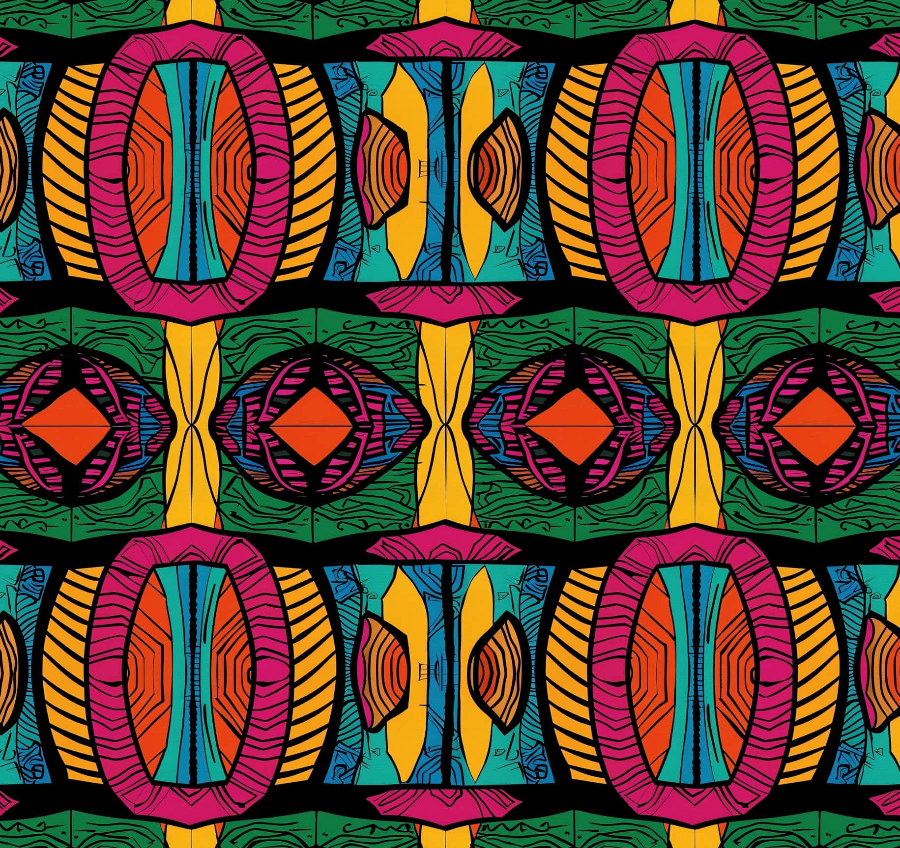 vibrant african print pattern, bold pink teal orange and green shapes, black background, HD Desktop Wallpaper