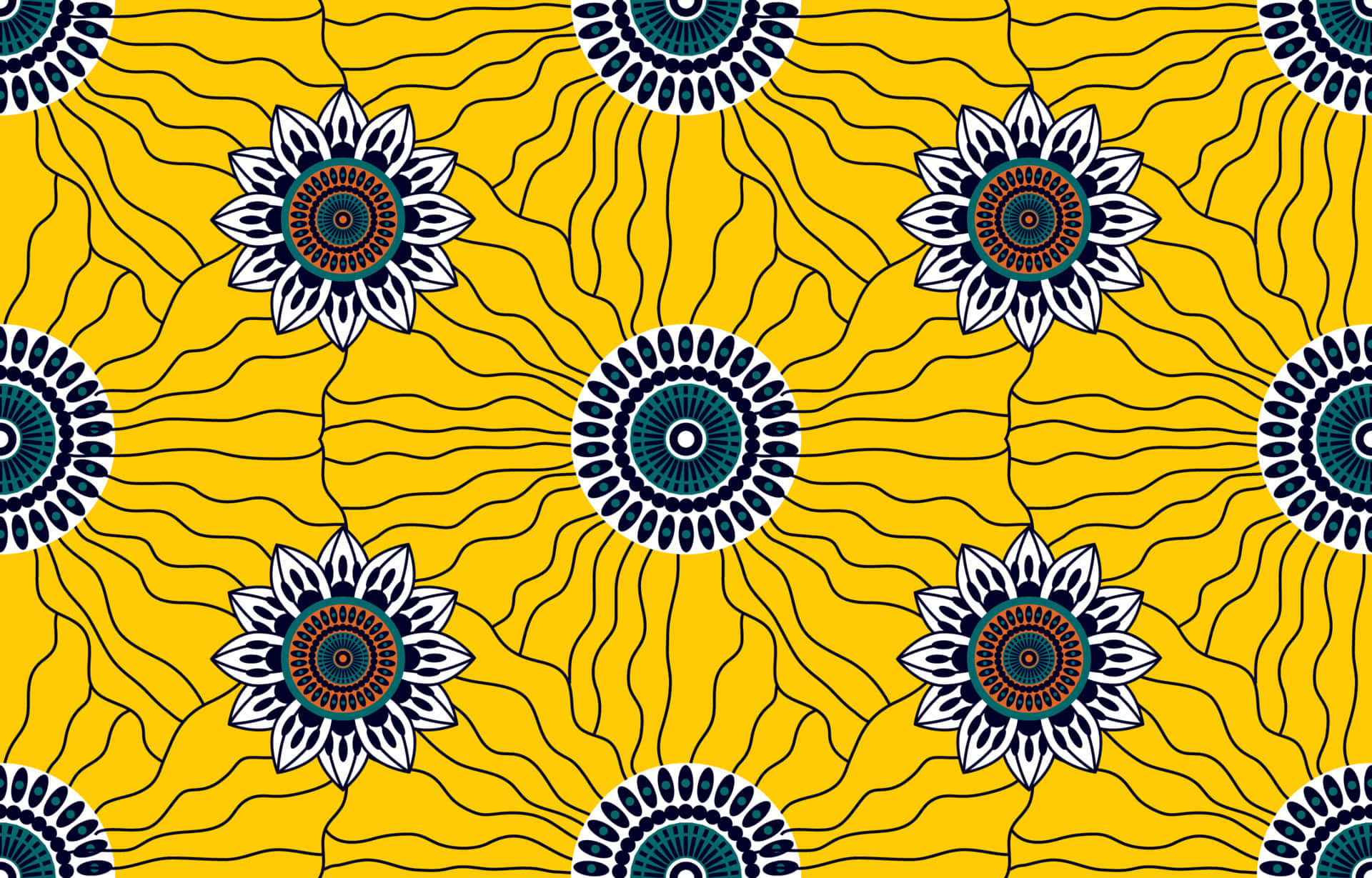 vibrant yellow, bold black wavy lines, blue teal white floral mandala patterns, Full HD Desktop Wallpaper