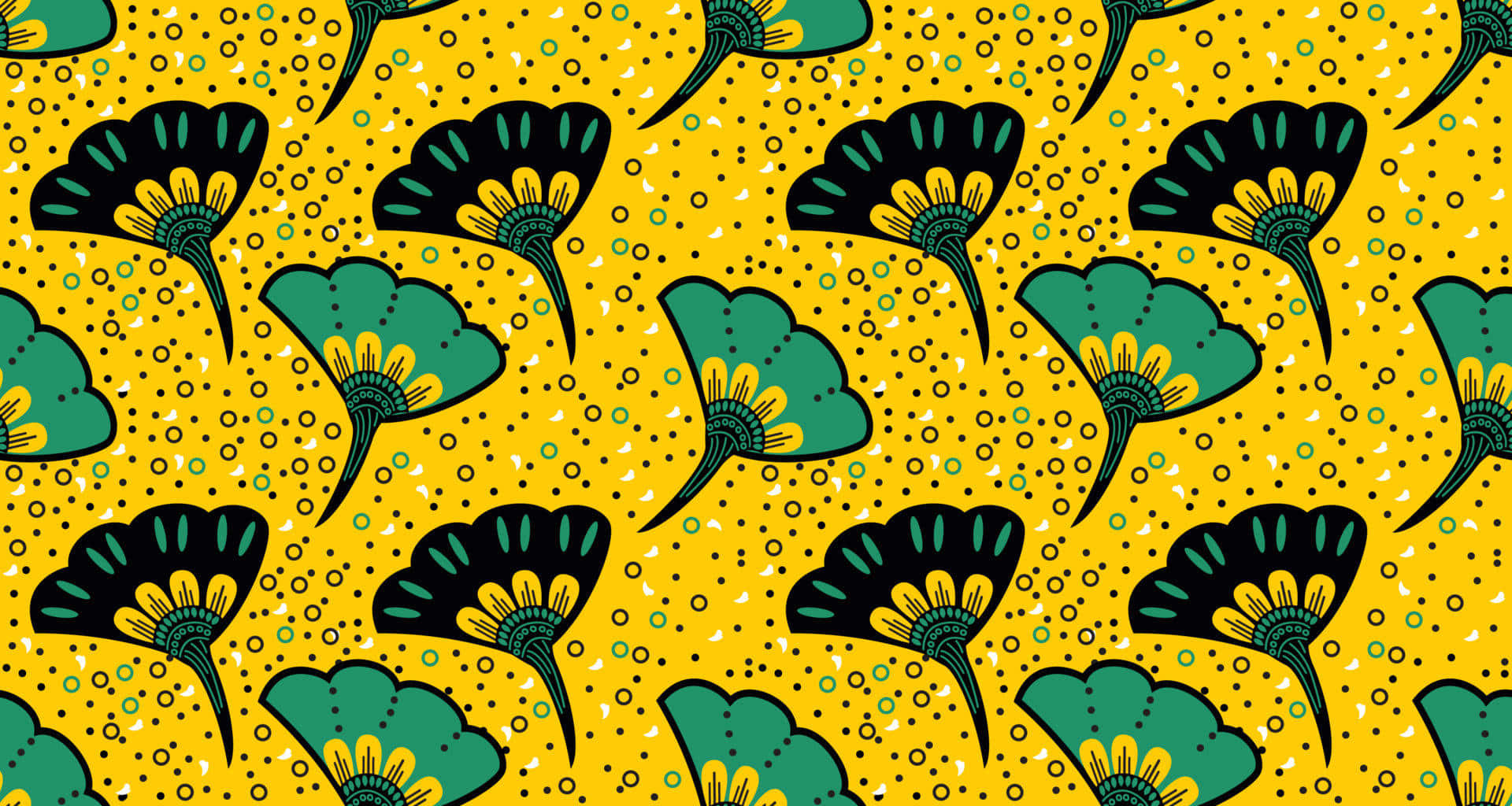 African floral print pattern, vibrant yellow background, green and black stylized ginkgo leaves, Full HD Desktop Wallpaper