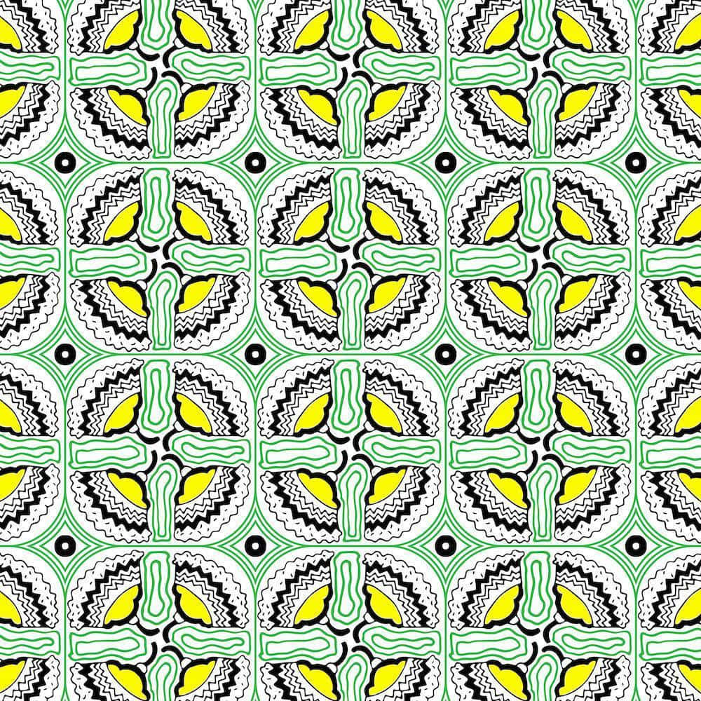 vibrant African Print Pattern, yellow zigzag shapes, green background, SD Desktop Wallpaper