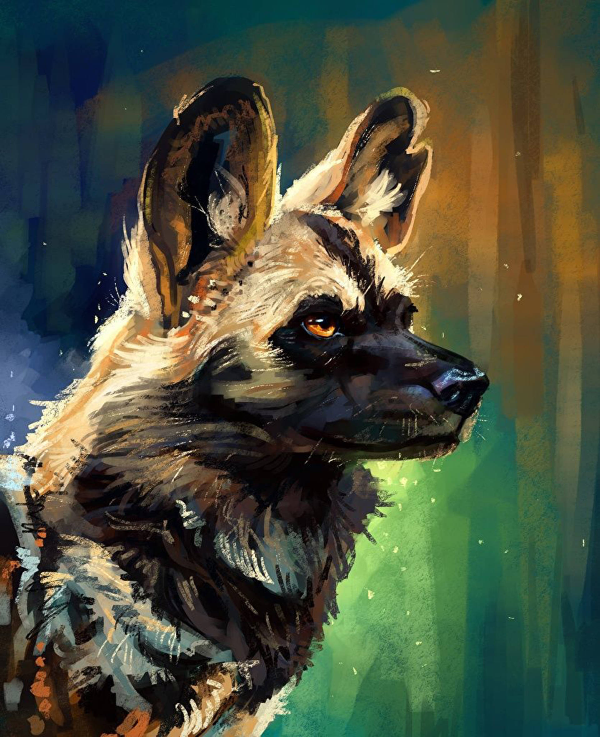 African Wild Dog, amber eyes, teal background, Full HD Phone Wallpaper