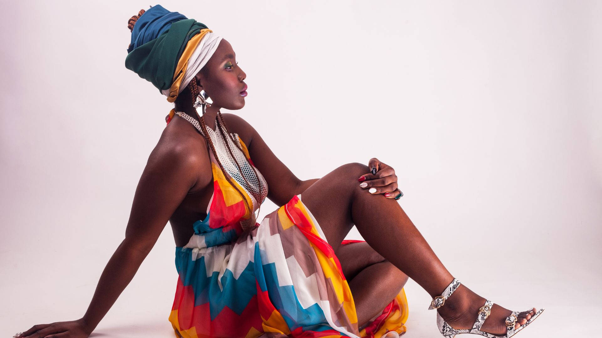 young fashionable african woman, vibrant multicolored dress, headwrap, Full HD Desktop Wallpaper