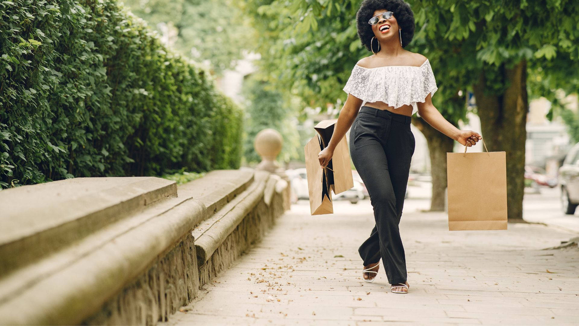 African Woman, park, tree-lined sidewalk, Full HD Desktop Wallpaper