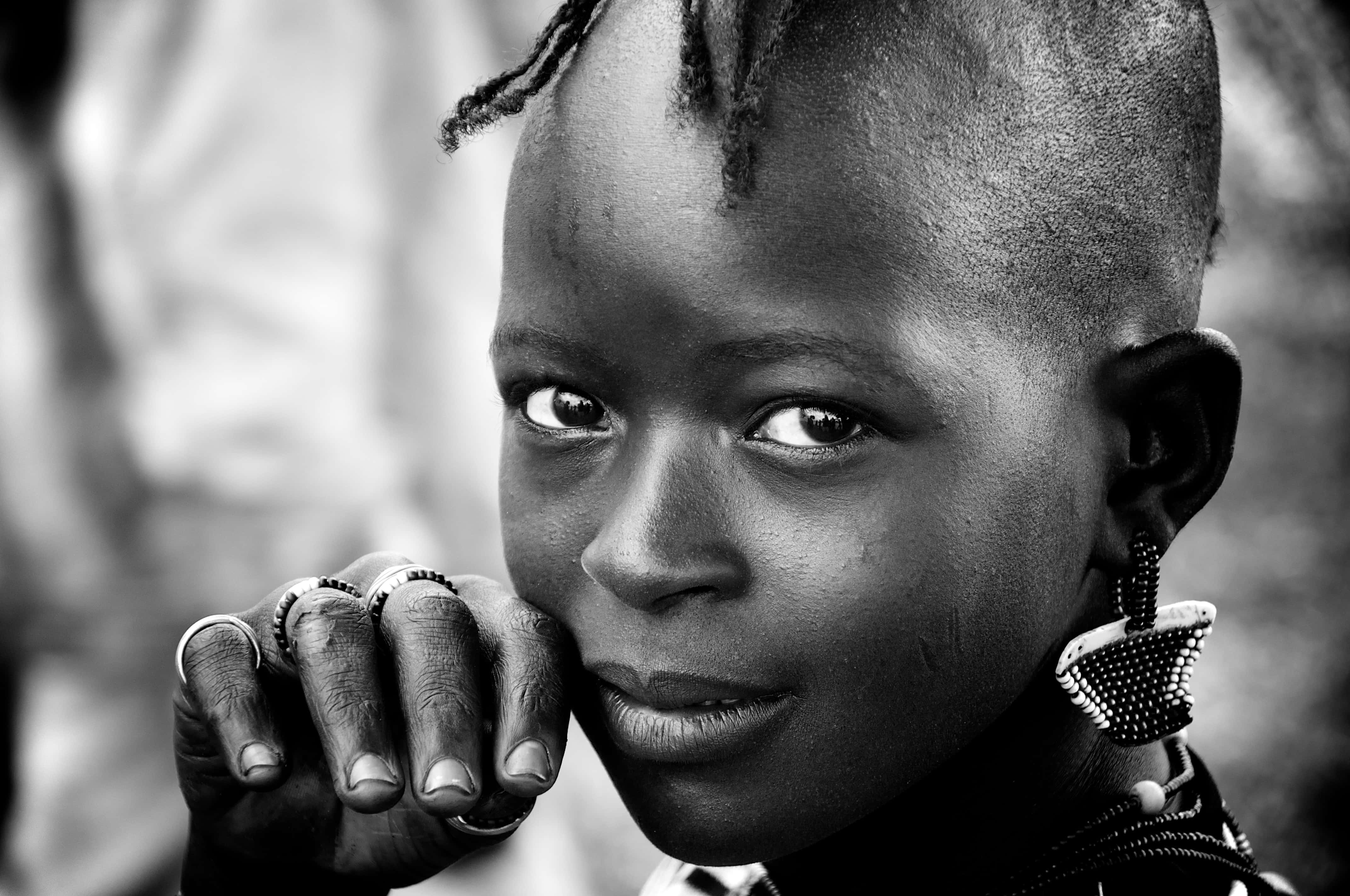 black and white portrait, young girl, braided hair, 4K Desktop Wallpaper
