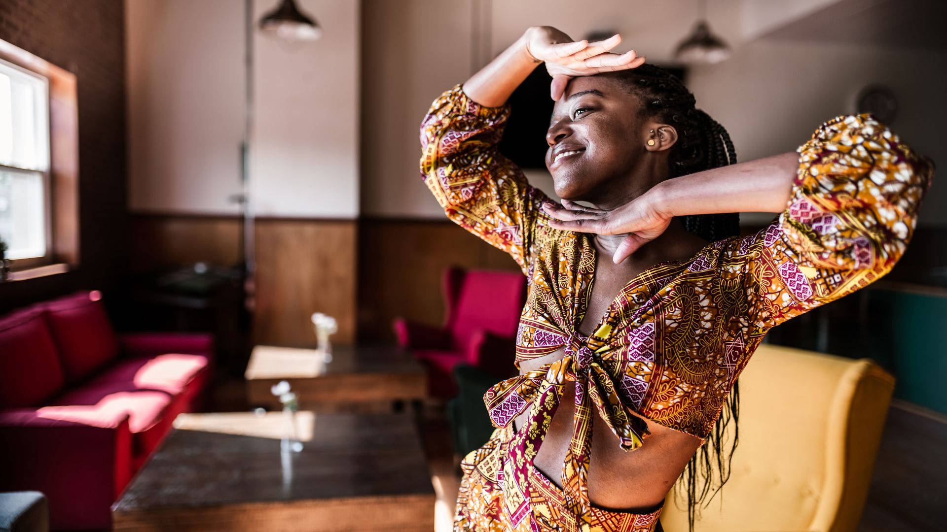 African Woman, hooray face, vibrant patterned attire, Full HD Desktop Wallpaper