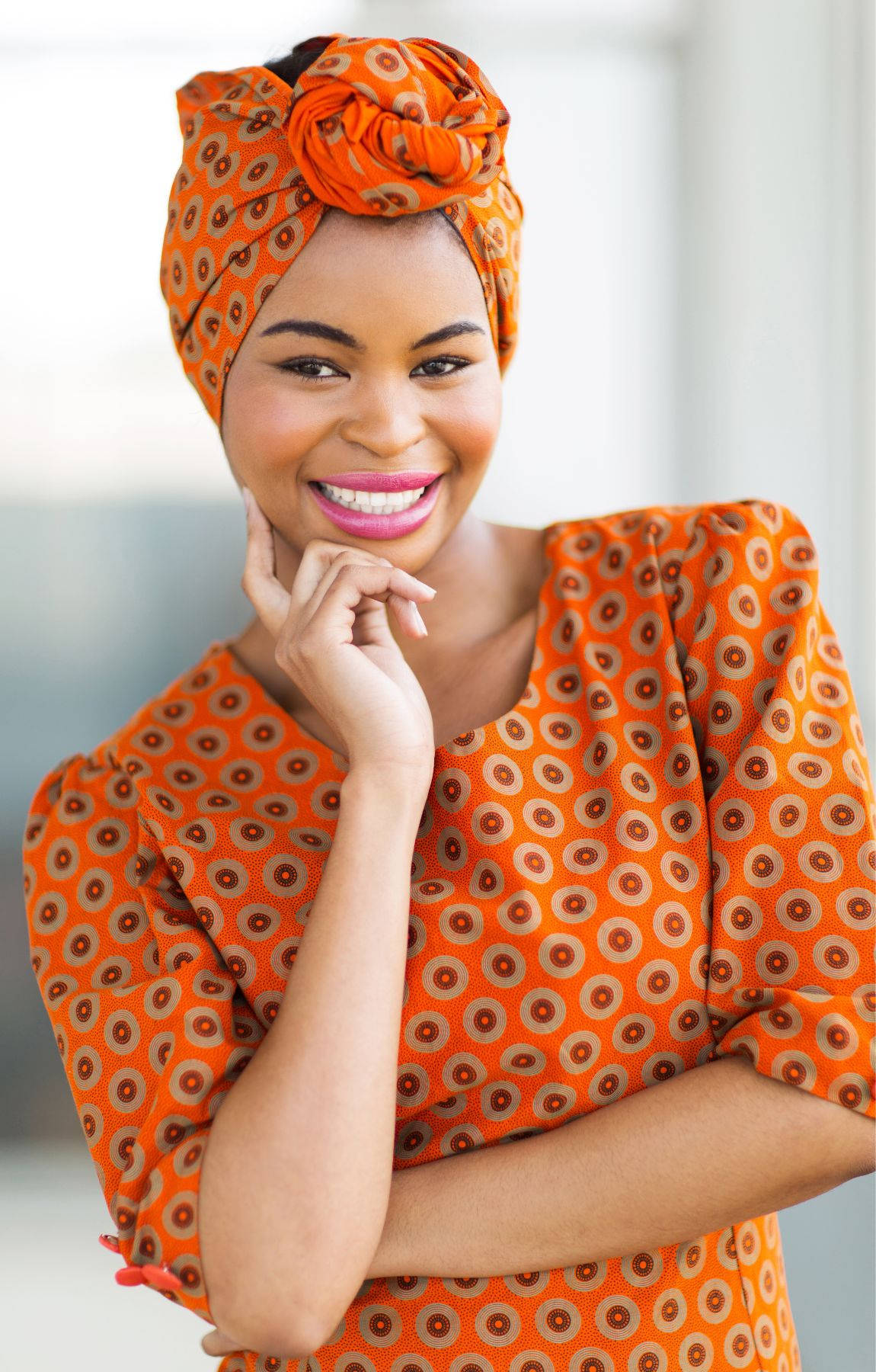 African Woman, bright orange patterned headwrap, matching dress, HD Phone Wallpaper