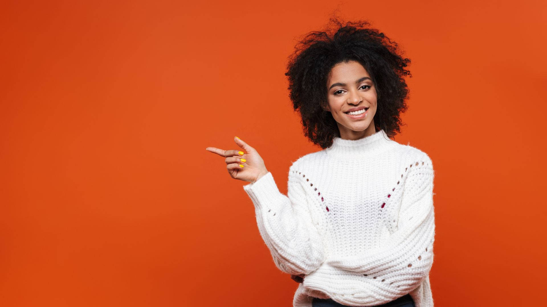 African Woman, curly hair, white knit sweater, Full HD Desktop Wallpaper