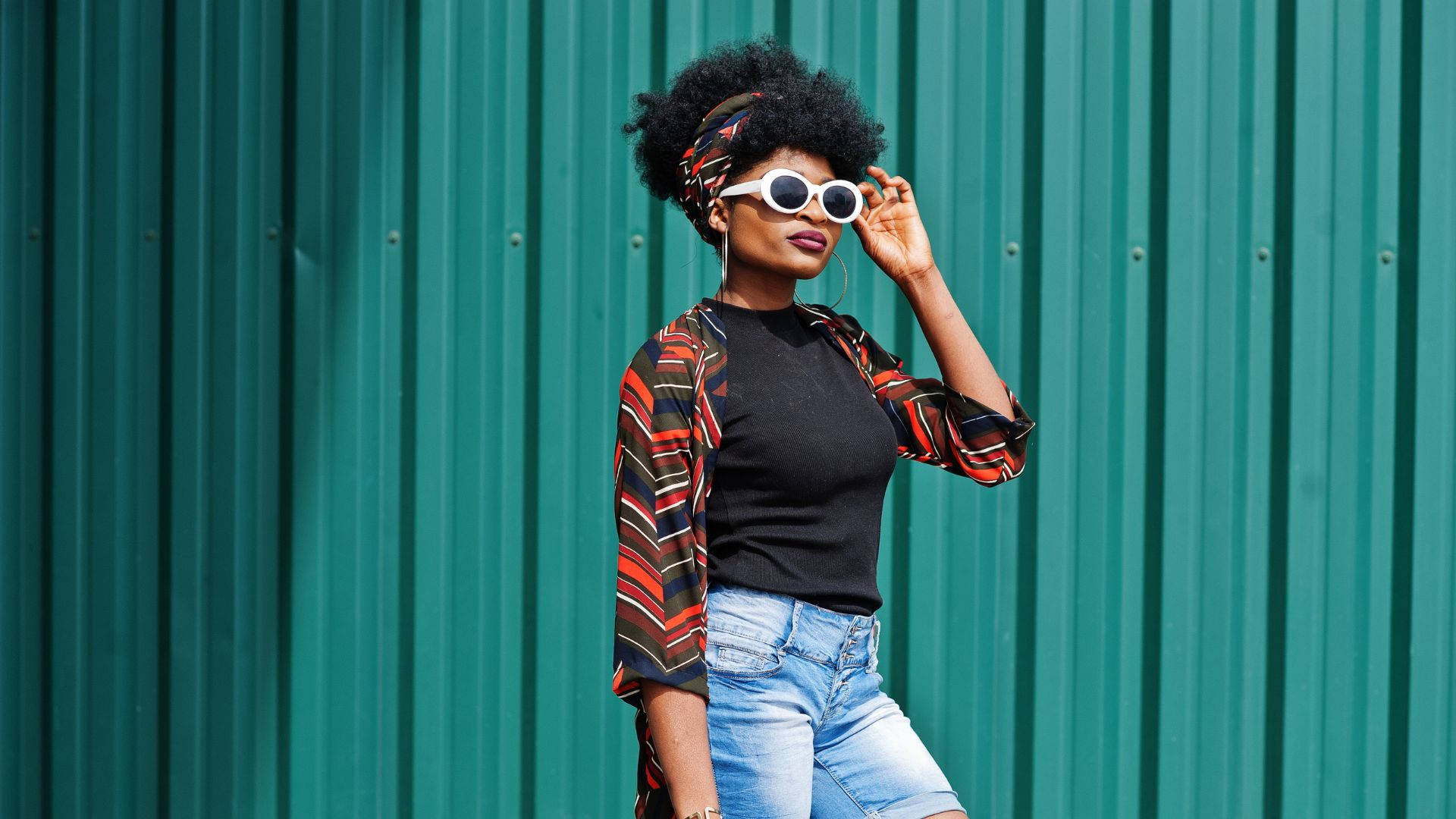 afro, white sunglasses, teal corrugated metal wall, Full HD Desktop Wallpaper