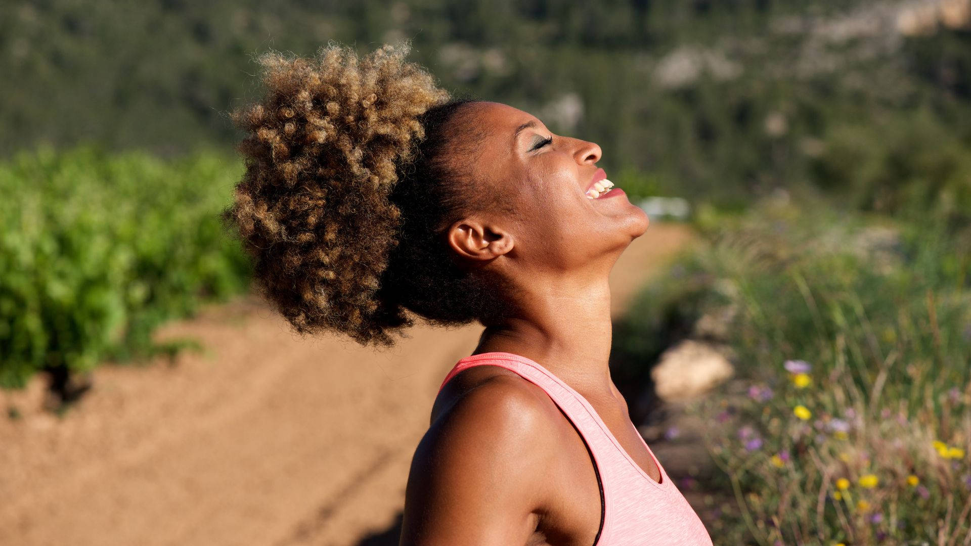 African Woman, curly hair, sunlit vineyard, Full HD Desktop Wallpaper