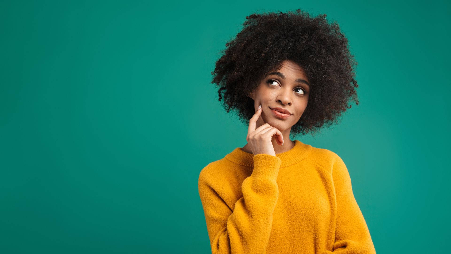African Woman, large afro, yellow sweater, Full HD Desktop Wallpaper