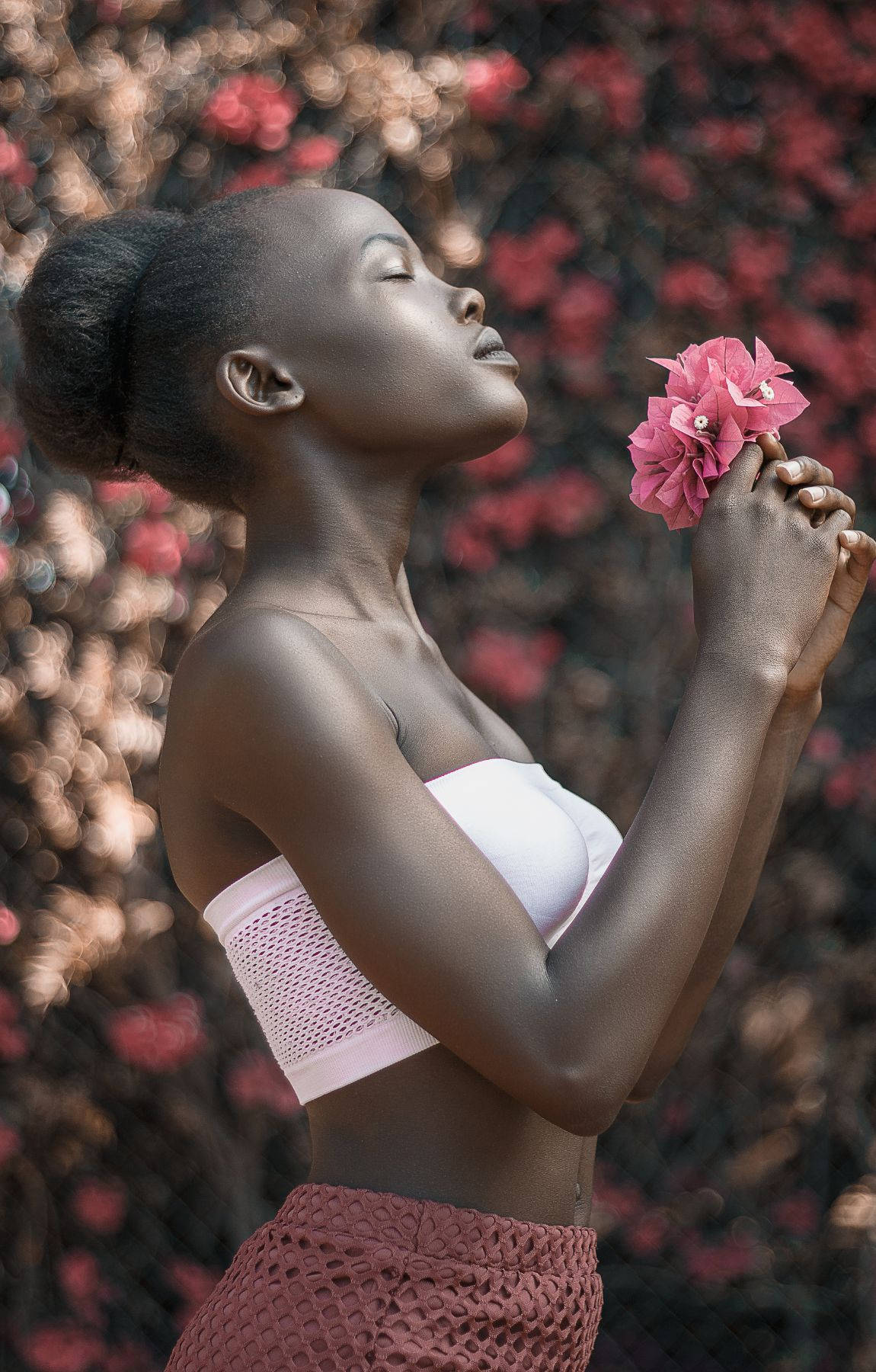 African Woman, pink flower, soft light, HD Phone Wallpaper