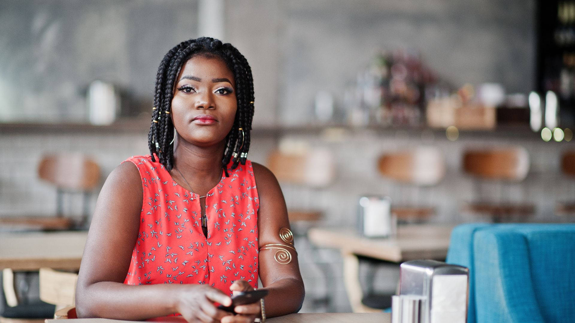 African Woman, braided hair, red patterned top, Full HD Desktop Wallpaper