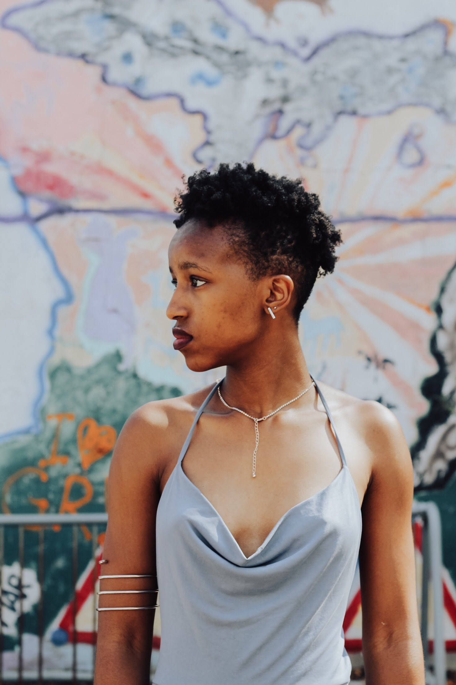 African girl, gray halter top, colorful graffiti wall, Full HD Phone Wallpaper