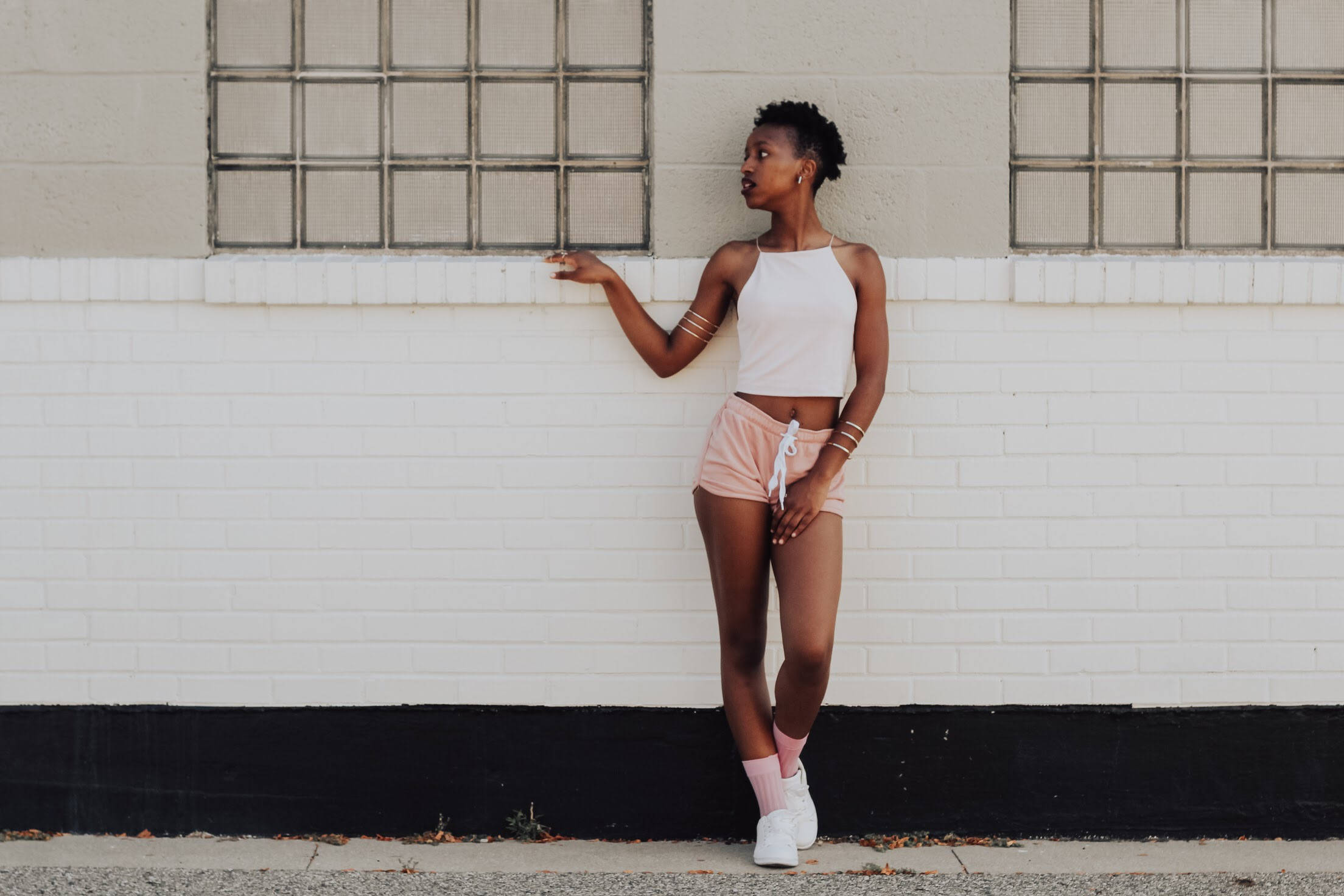 African Teenage Girl, white crop top, pink shorts, Full HD Desktop Wallpaper