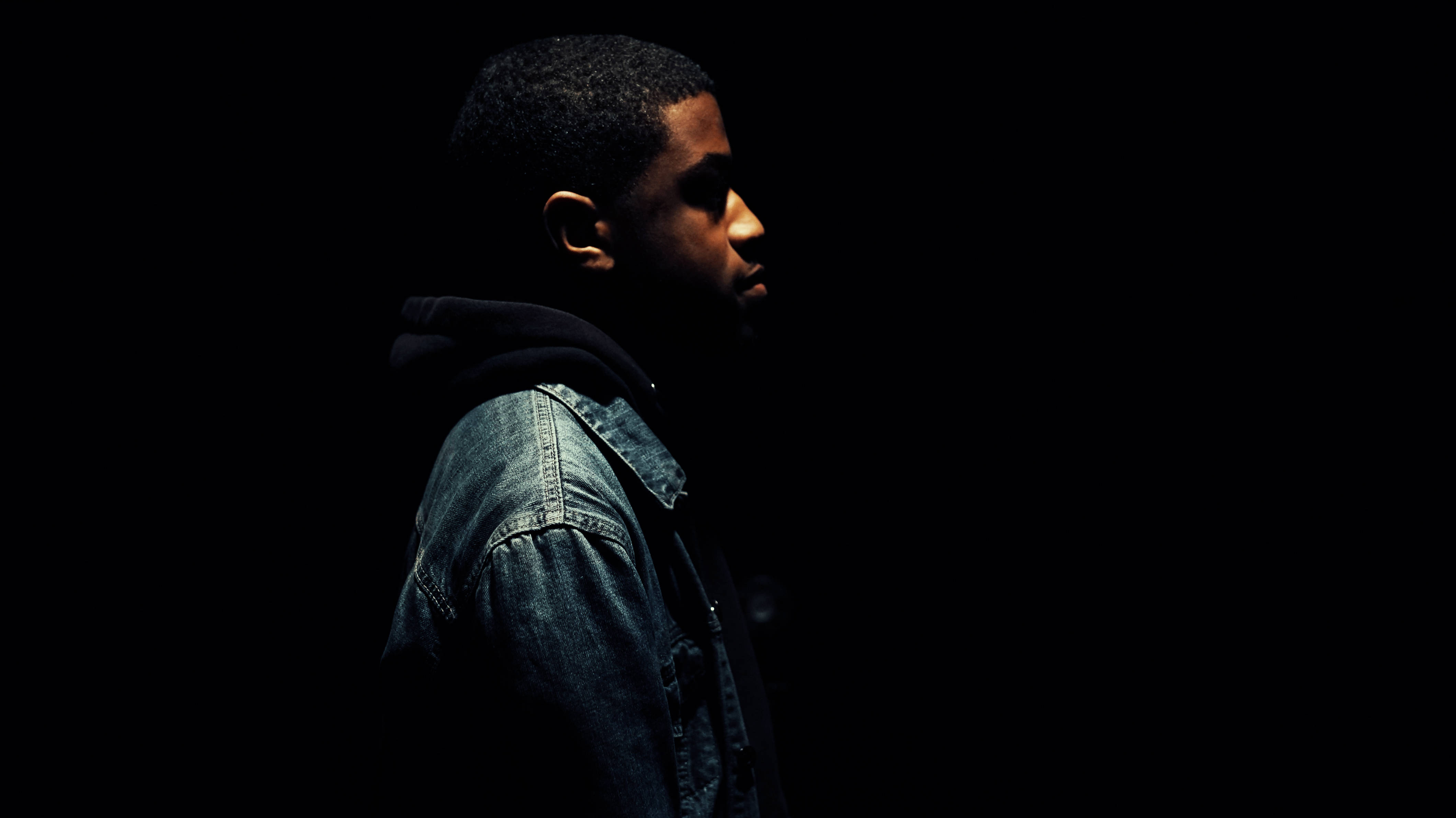 African Man, denim jacket, side lighting, 4K Desktop Wallpaper
