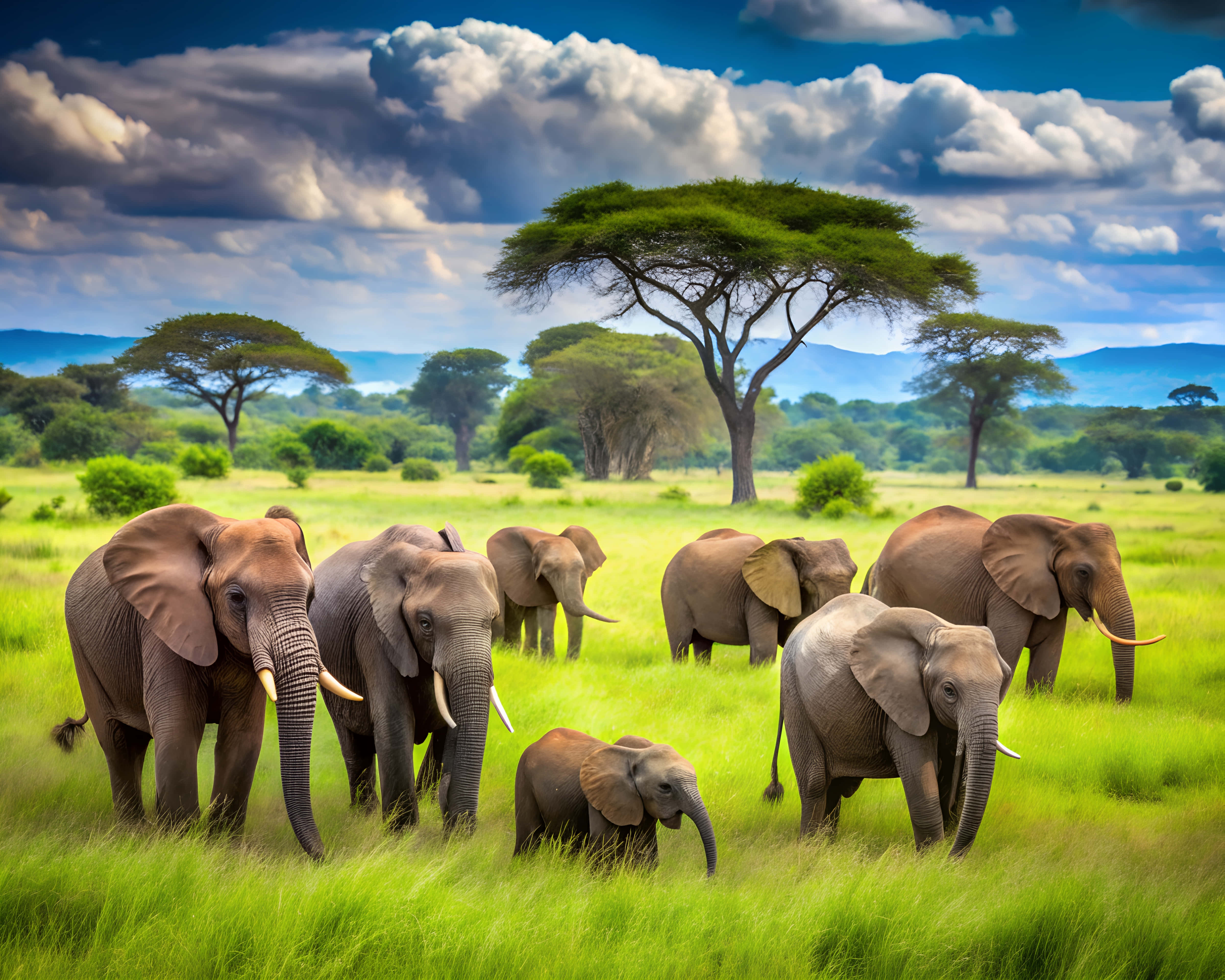 elephants, savanna, acacia trees, 4K Desktop Wallpaper