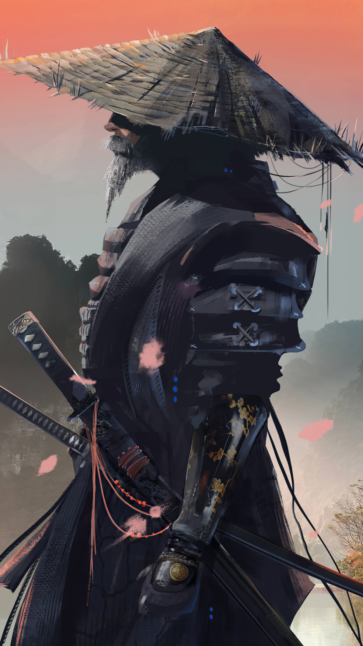 Afro Samurai, dark armor, straw hat, 2K Phone Wallpaper