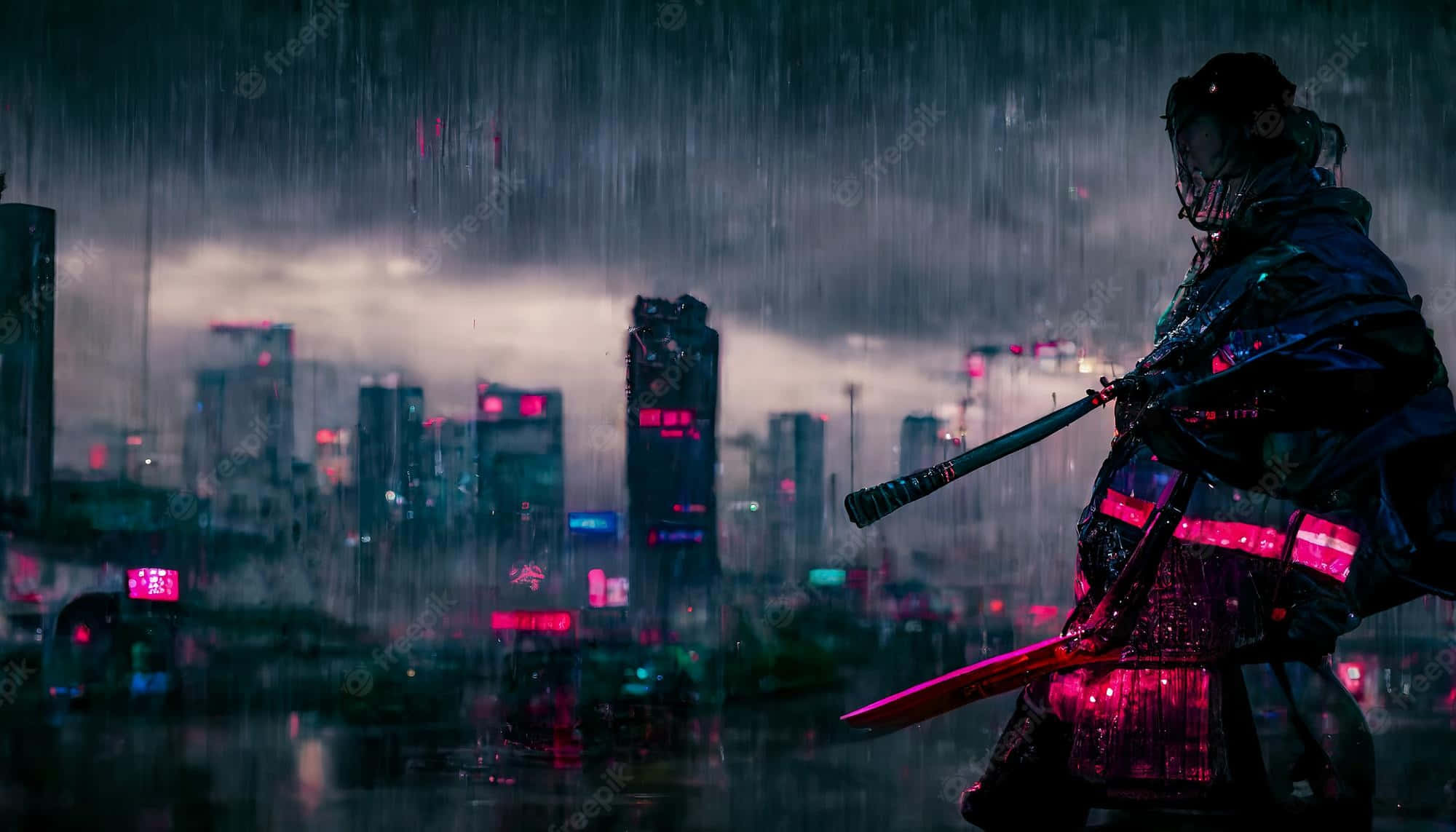 Afro Samurai, glowing sword, neon cityscape, Full HD Desktop Wallpaper