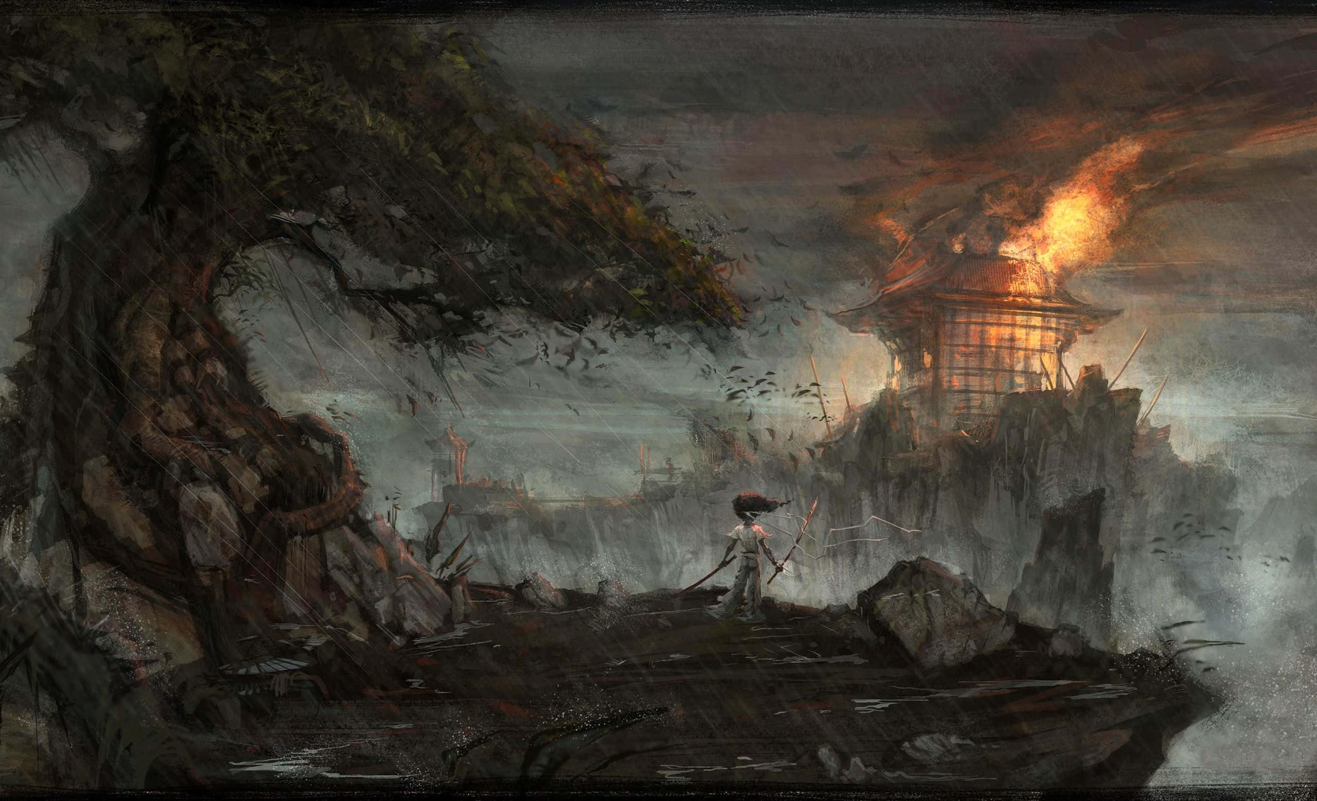 Afro Samurai, burning pagoda, cliffside, 2K Desktop Wallpaper