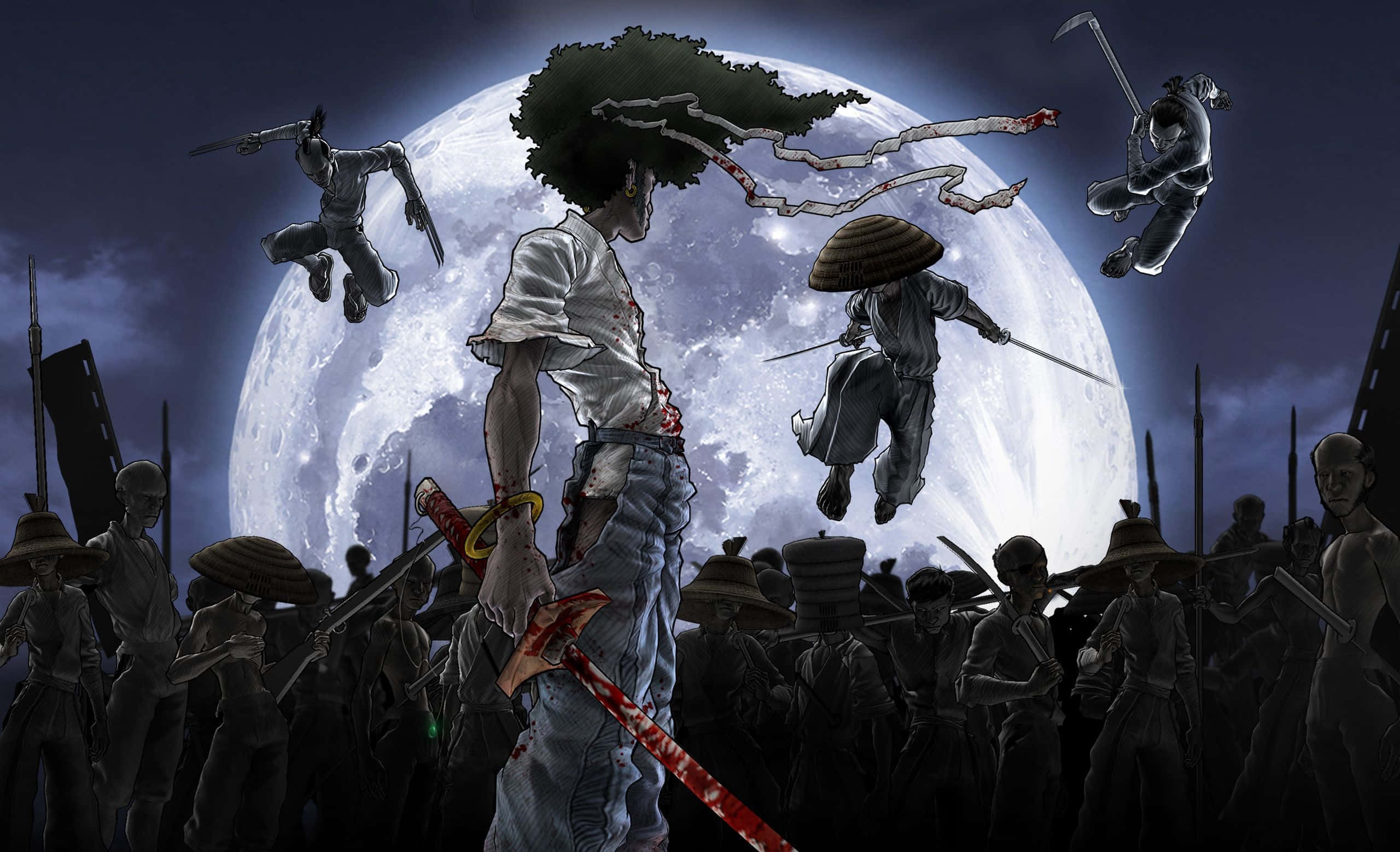 Afro Samurai, moonlit battlefield, ninjas, 2K Desktop Wallpaper