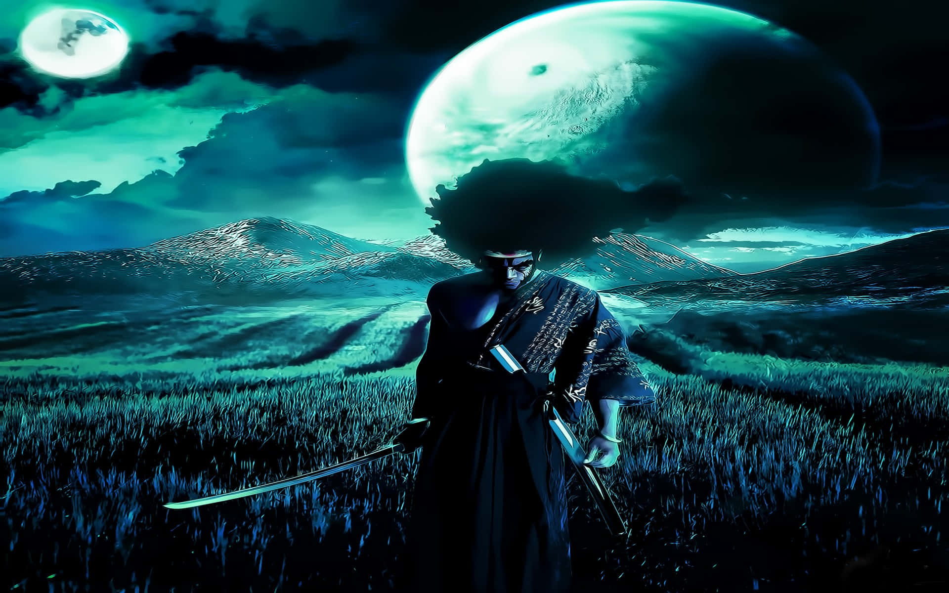Afro Samurai, afro, two swords, Full HD Desktop Wallpaper