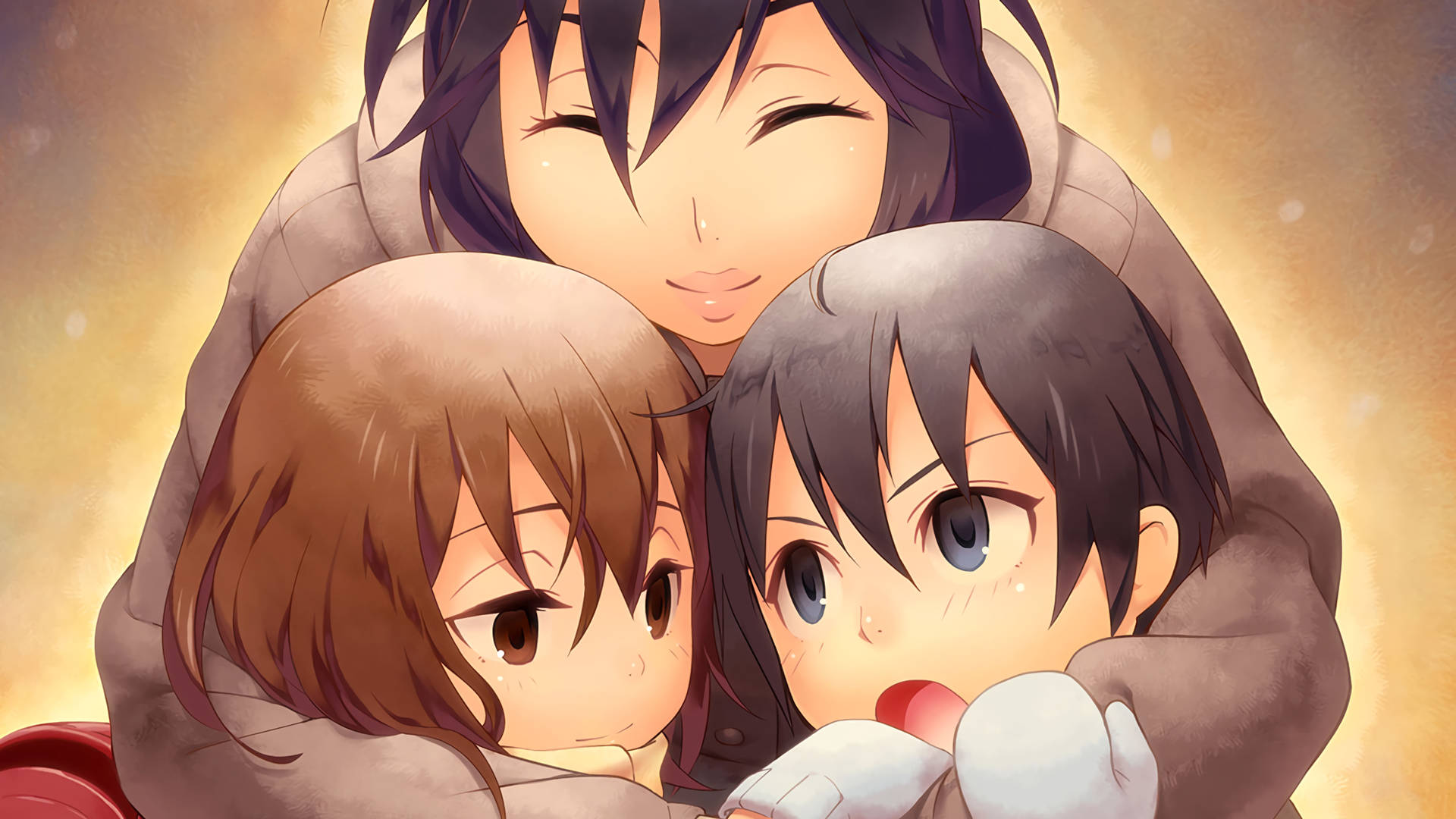 Afton Family, anime characters, soft golden glow, Full HD Desktop Wallpaper