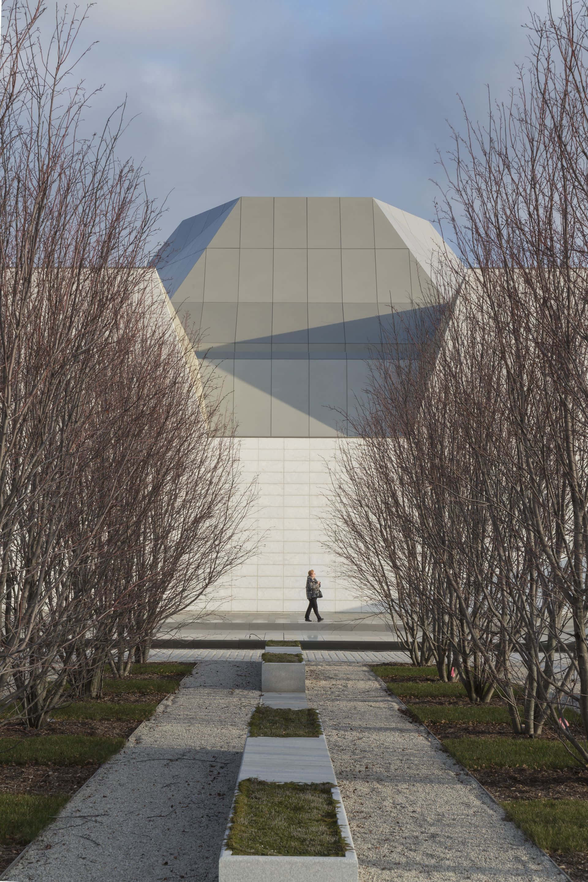 Aga Khan Museum, gravel path, bare trees, 2K Phone Wallpaper