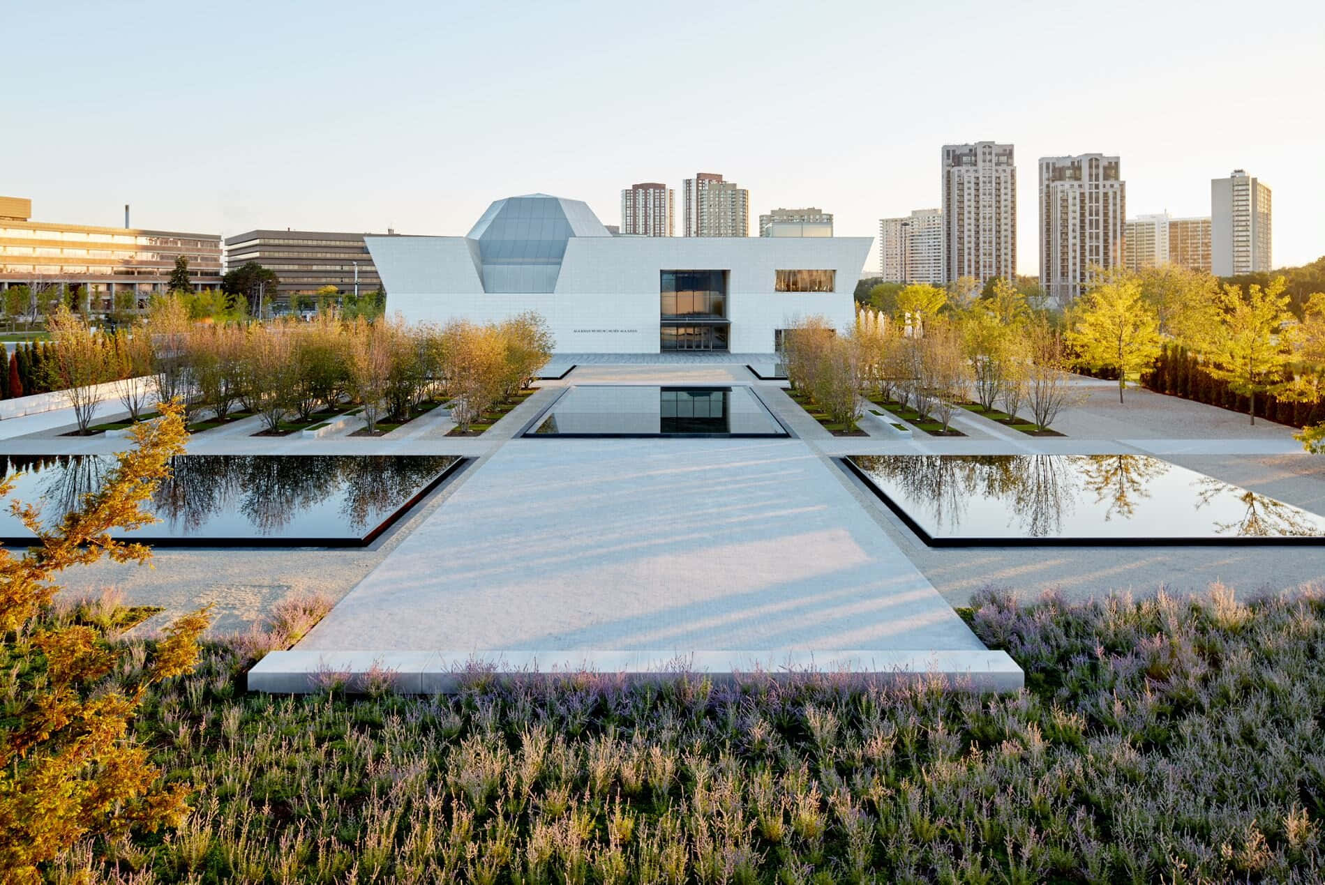 Aga Khan Museum, glass dome, reflective water pathway, HD Desktop Wallpaper