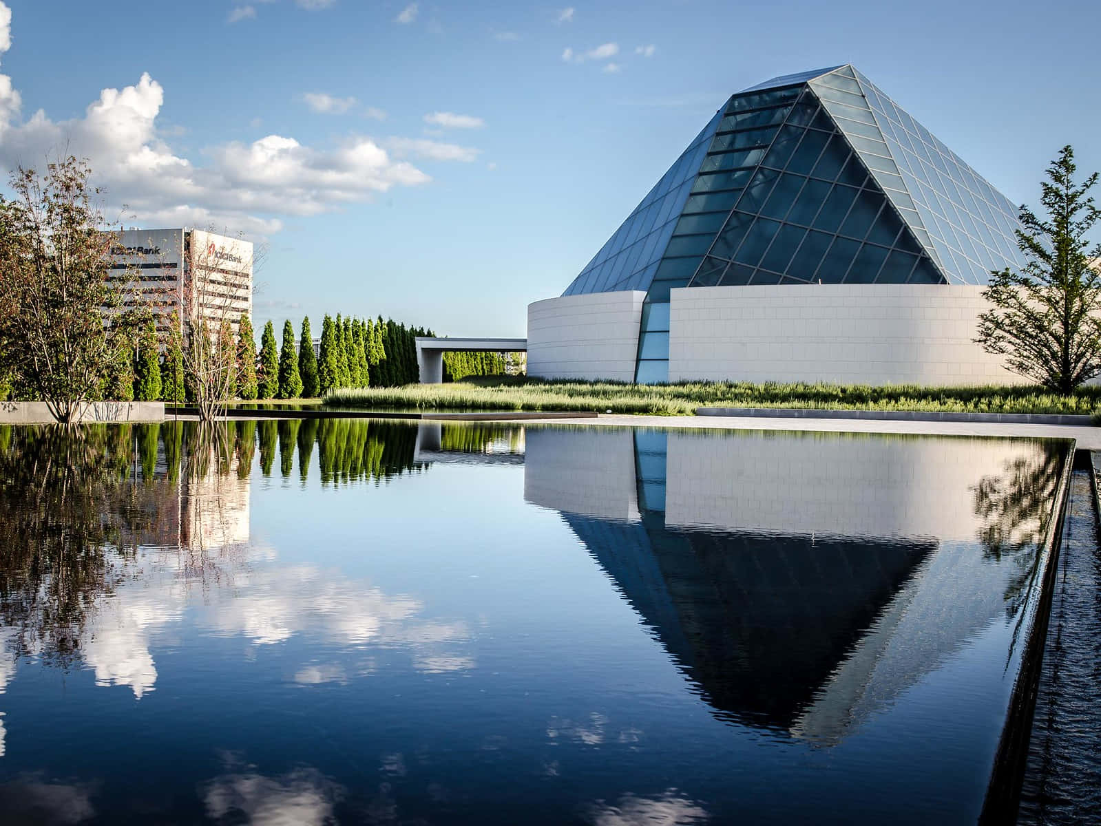Aga Khan Museum, glass pyramid building, calm pond, HD Desktop Wallpaper