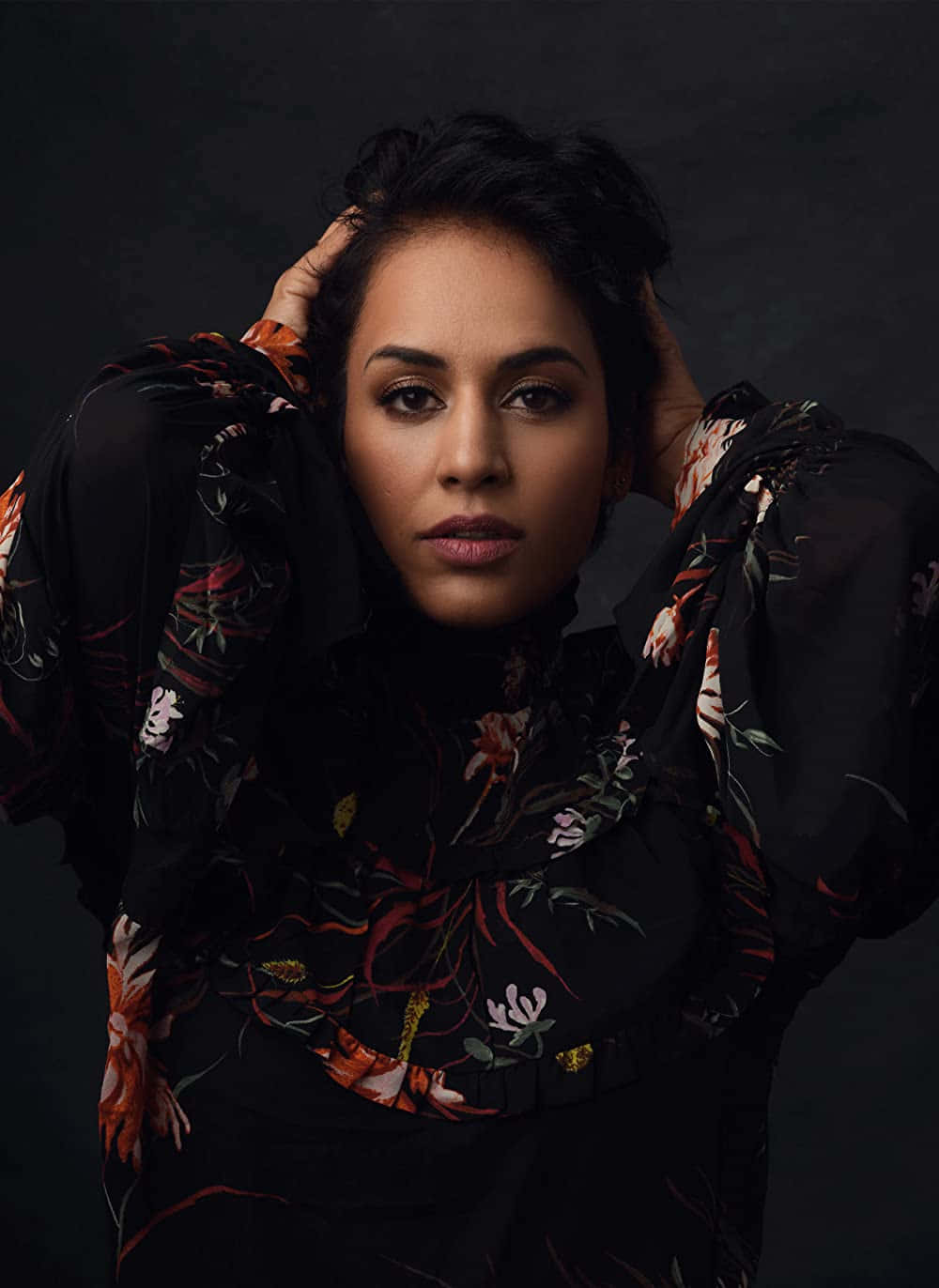 Agam Darshi, black floral dress, dark background, HD Phone Wallpaper