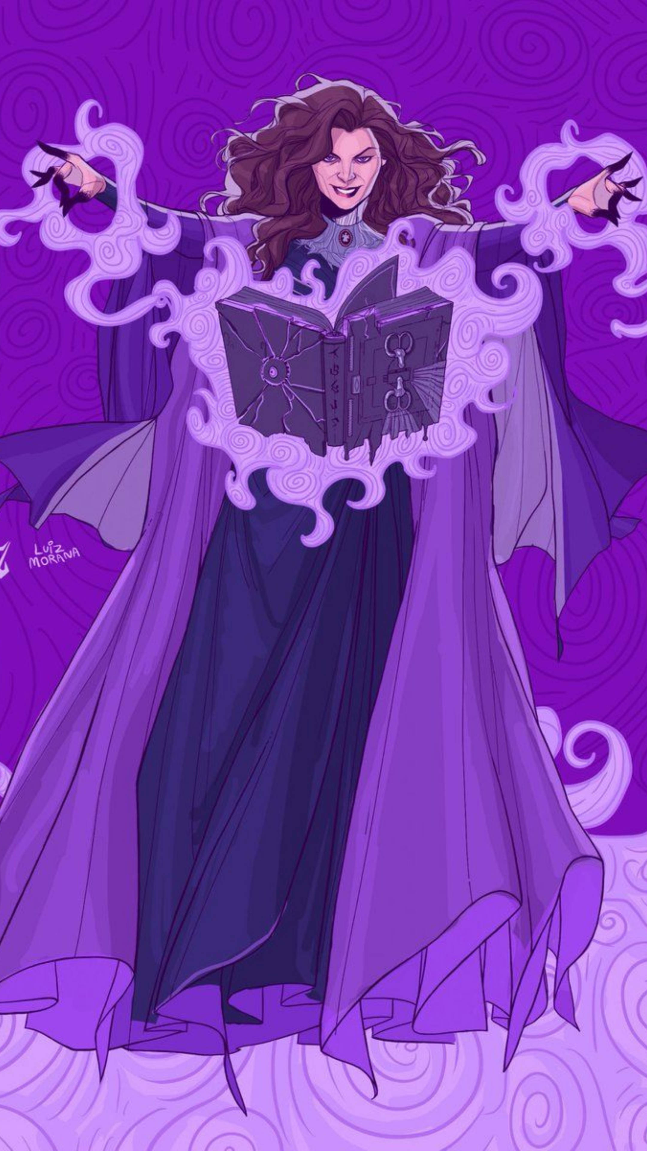 Agatha Harkness, purple robe, swirling purple energy, 4K Phone Wallpaper