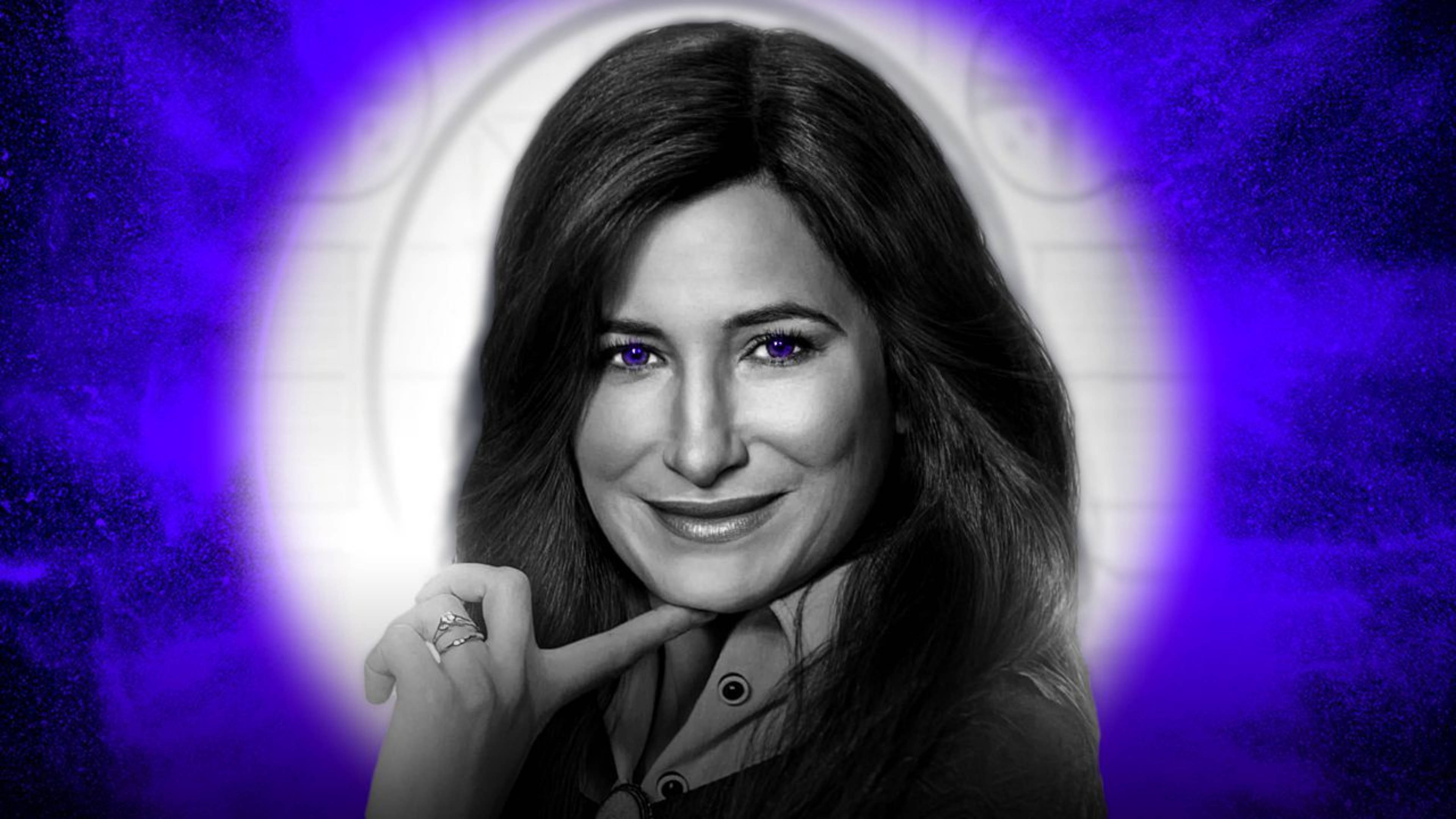 Agatha Harkness, glowing purple eyes, vibrant purple cosmic background, 4K Desktop Wallpaper