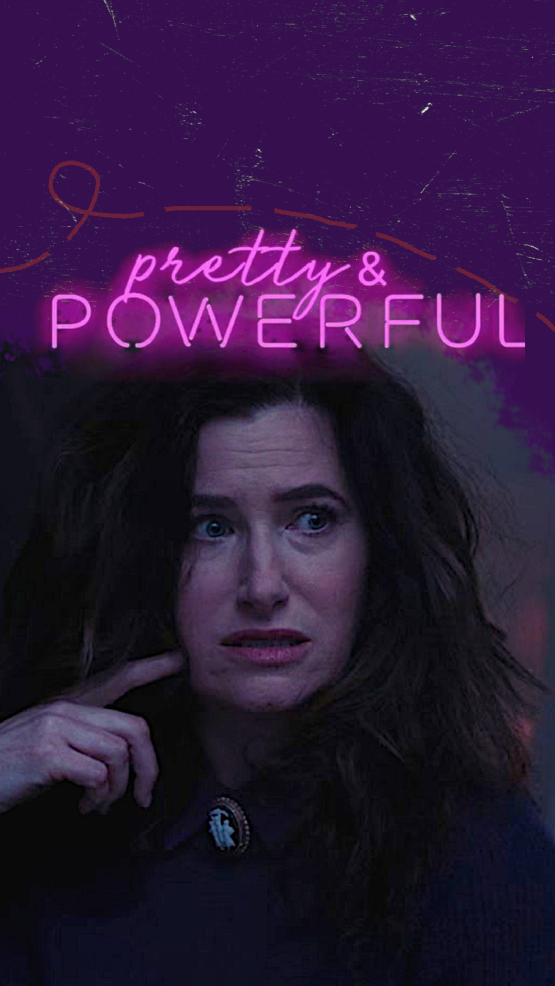 Agatha Harkness, glowing pink neon text, pretty & powerful, 4K Phone Wallpaper