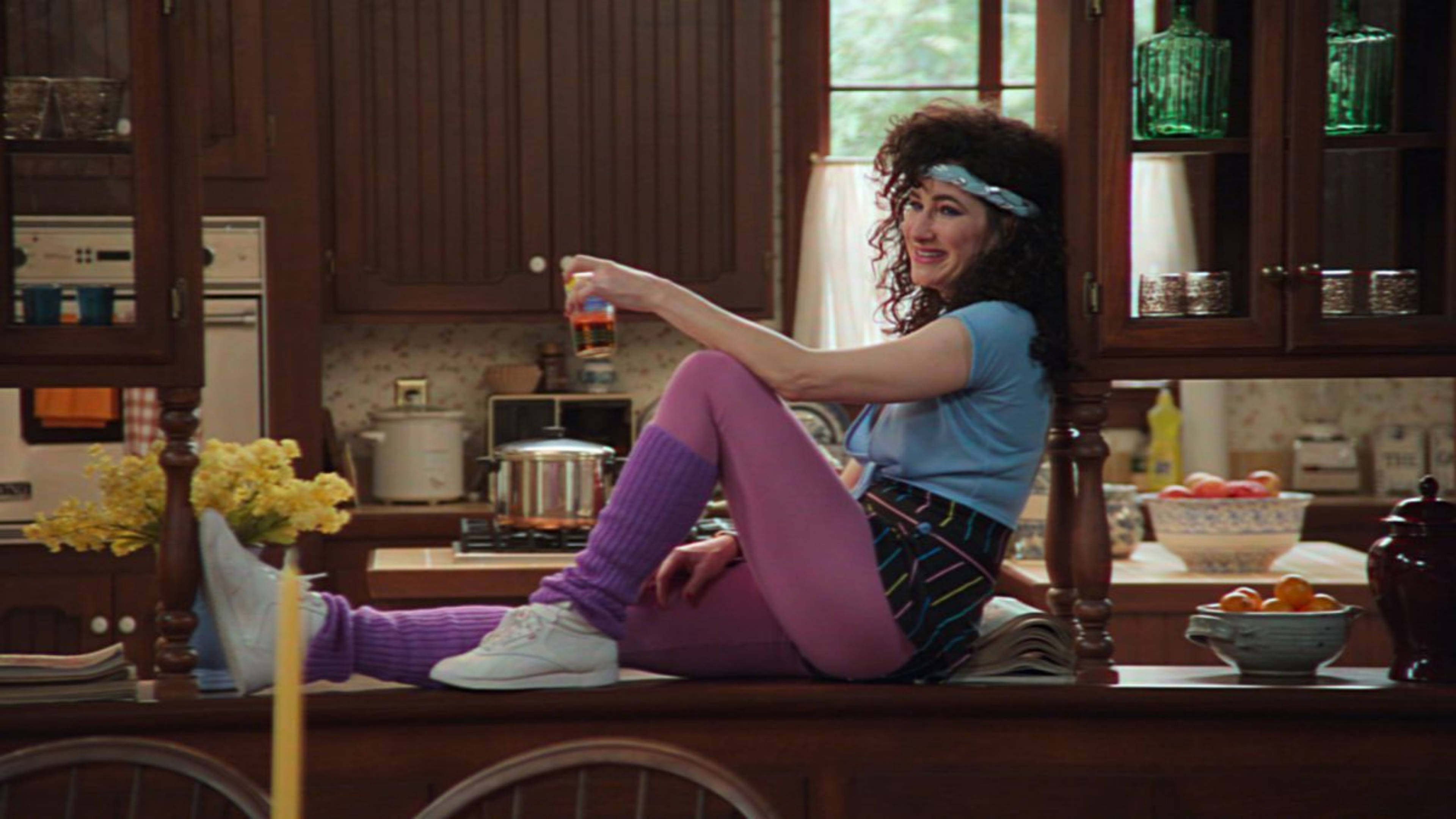 Agatha Harkness, 80s retro attire, kitchen counter, 4K Desktop Wallpaper