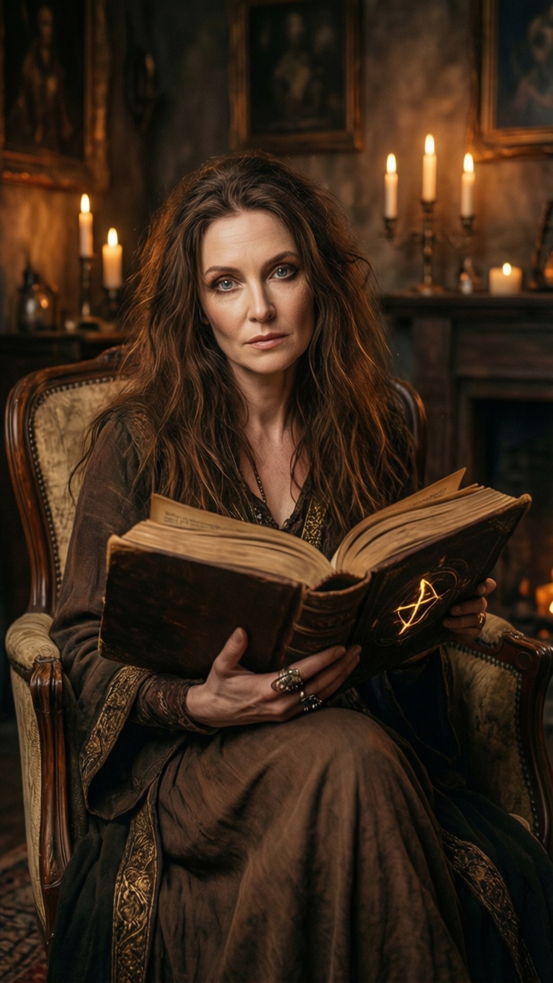 Agatha Harkness, ancient book, glowing pentagram, Full HD Phone Wallpaper