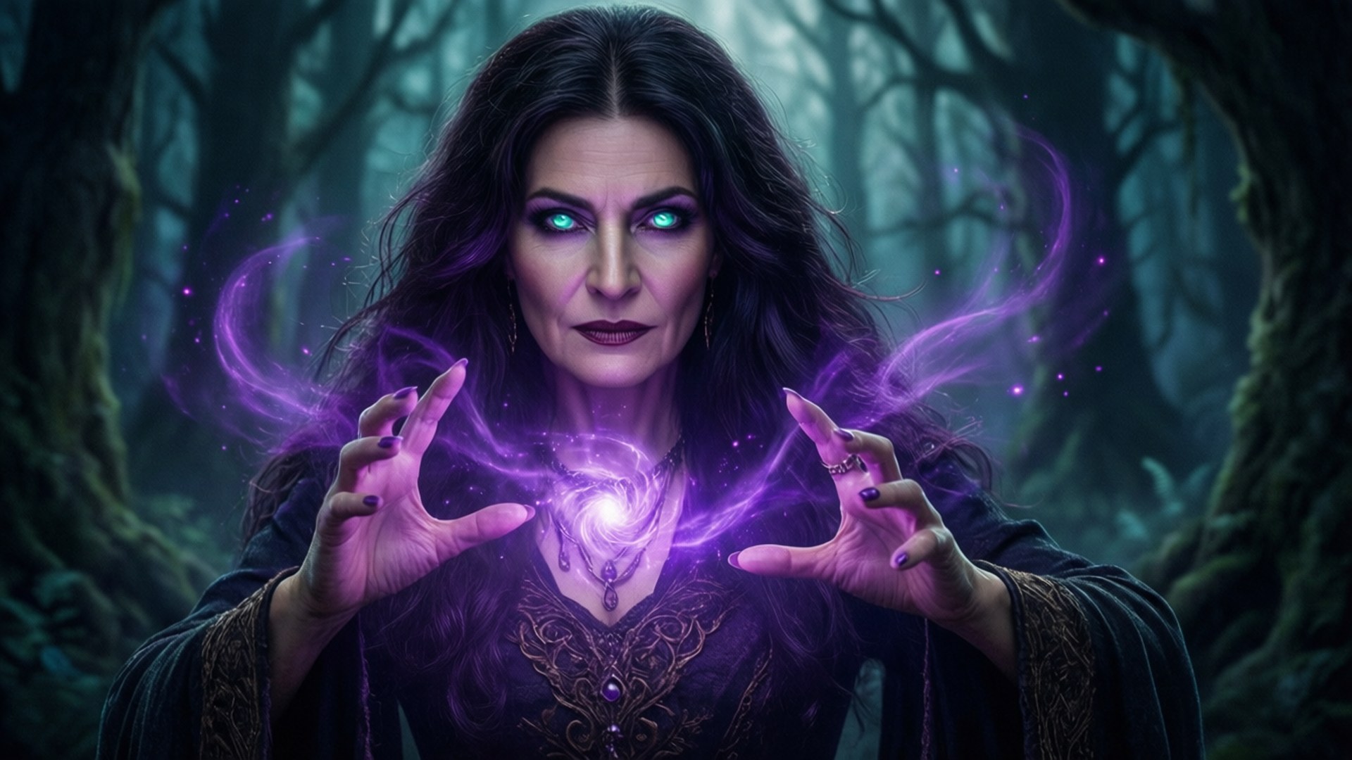 Agatha Harkness, glowing blue eyes, swirling purple magic, Full HD Desktop Wallpaper