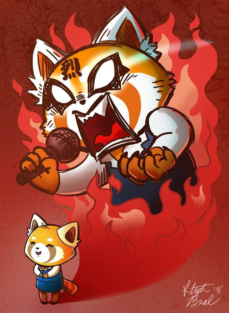 Aggretsuko, red panda, flames, SD Phone Wallpaper