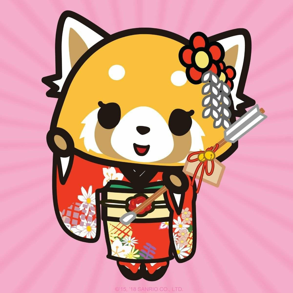 Aggretsuko, red panda, floral kimono, SD Desktop Wallpaper