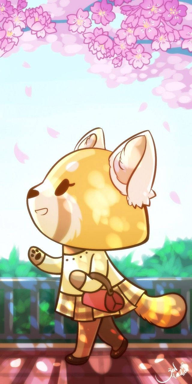 Aggretsuko, chibi fox character, pink cherry blossoms, HD Phone Wallpaper