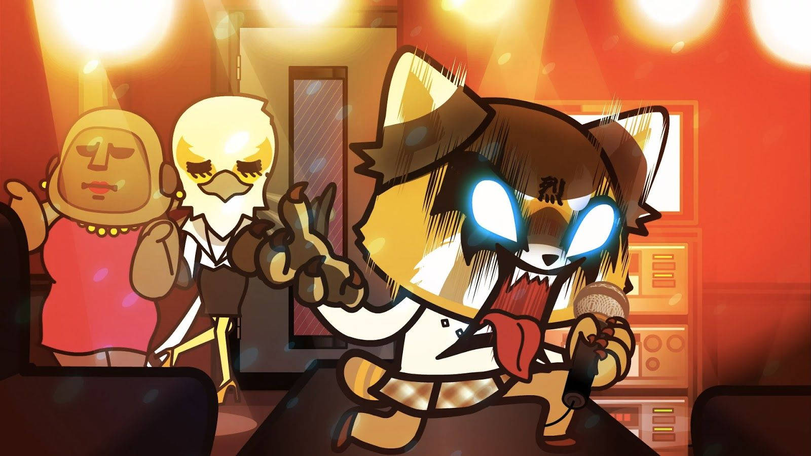 Aggretsuko, glowing blue eyes, karaoke room, HD Desktop Wallpaper