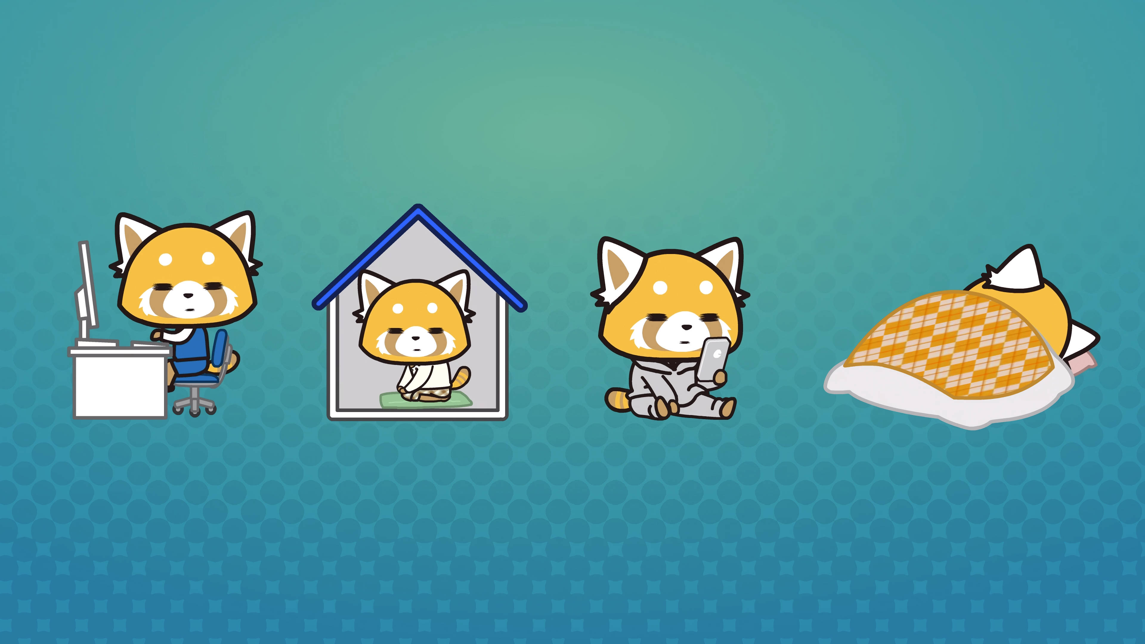 Aggretsuko, red pandas, desk, 4K Desktop Wallpaper